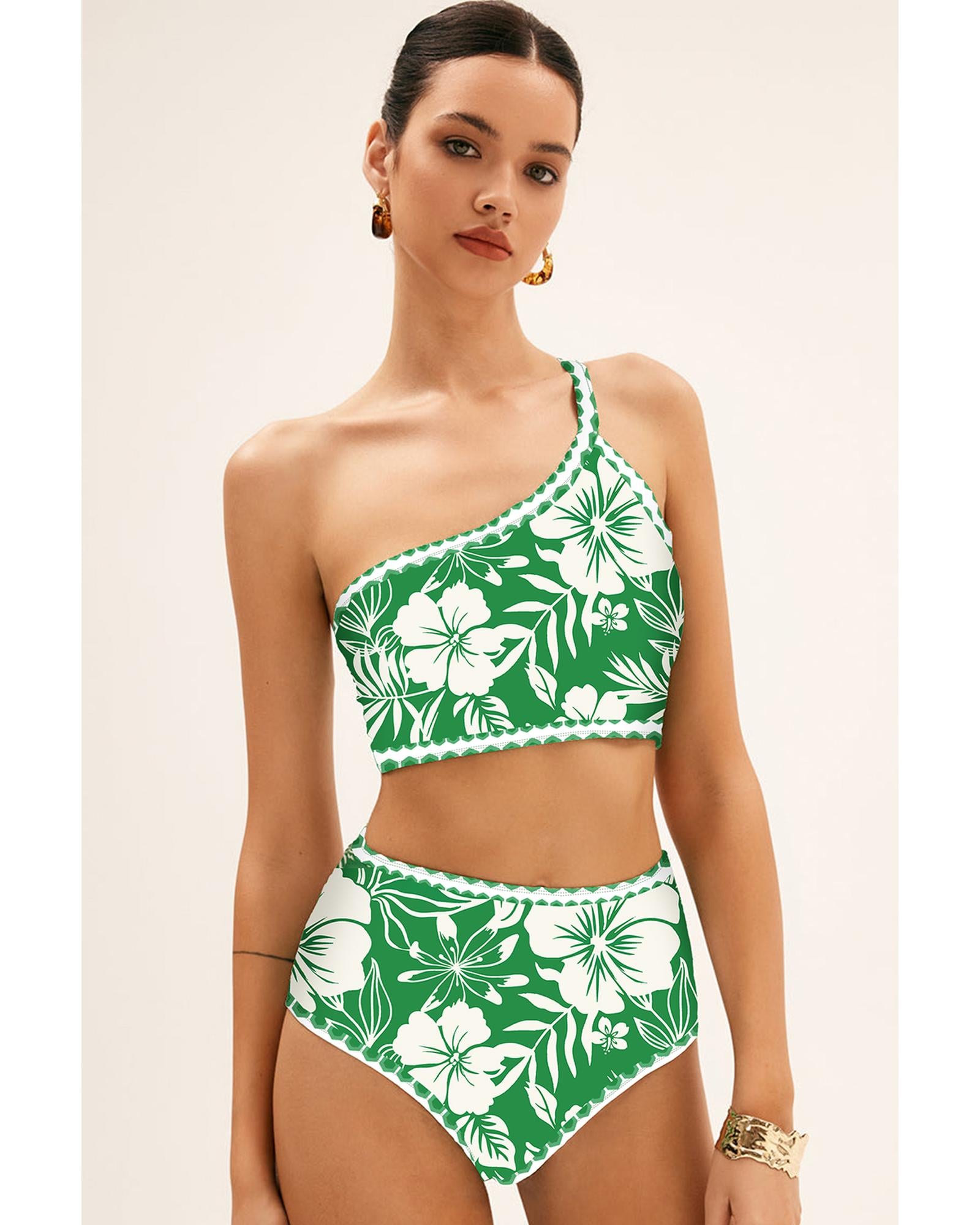 Green Floral Print One Shoulder High Waist Bikini Set - L