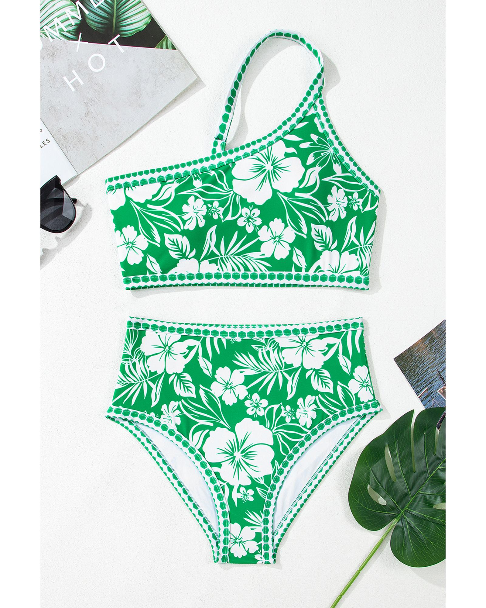 Green Floral Print One Shoulder High Waist Bikini Set - L