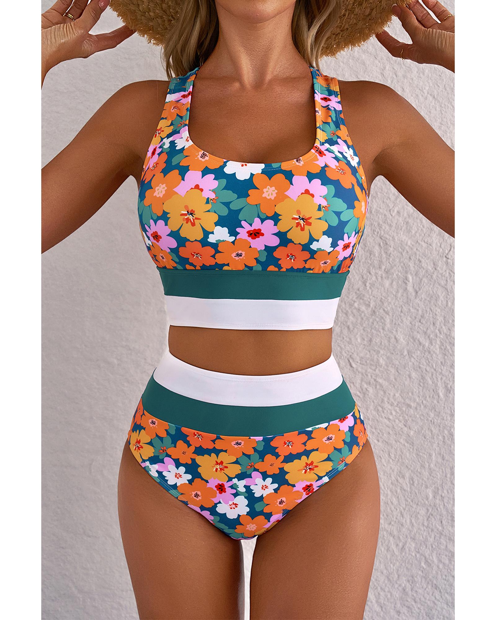 Green Floral Print Racerback Cutout High Waist 2pcs Bikini - S