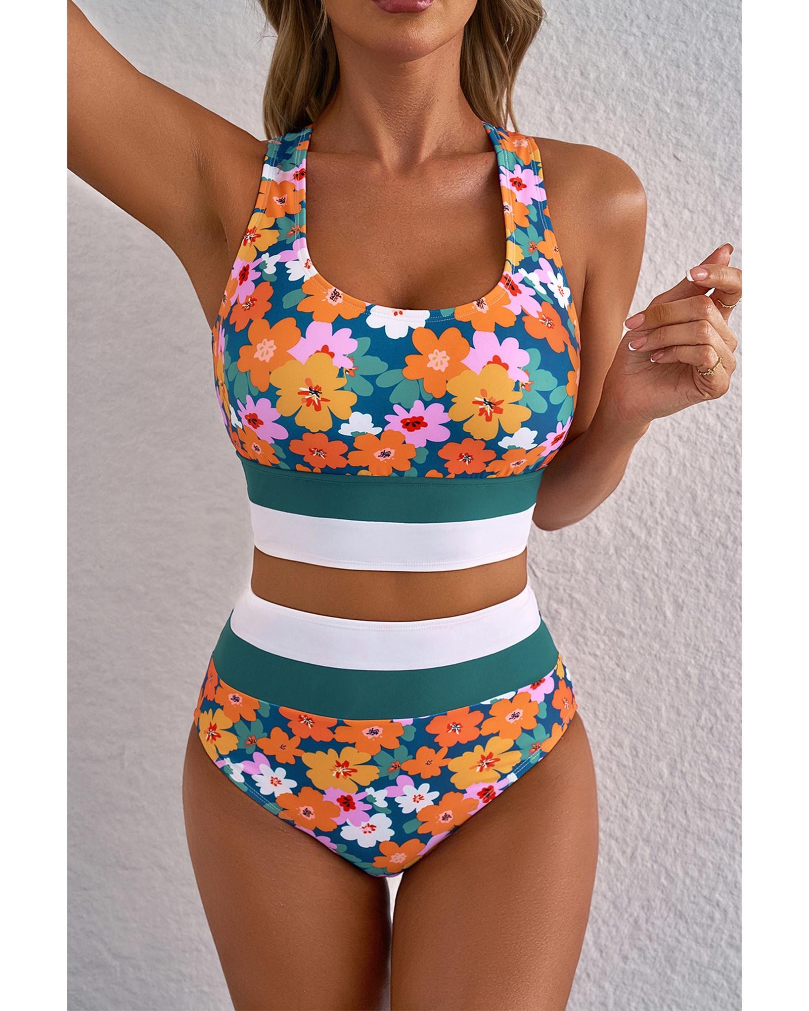 Green Floral Print Racerback Cutout High Waist 2pcs Bikini - XL