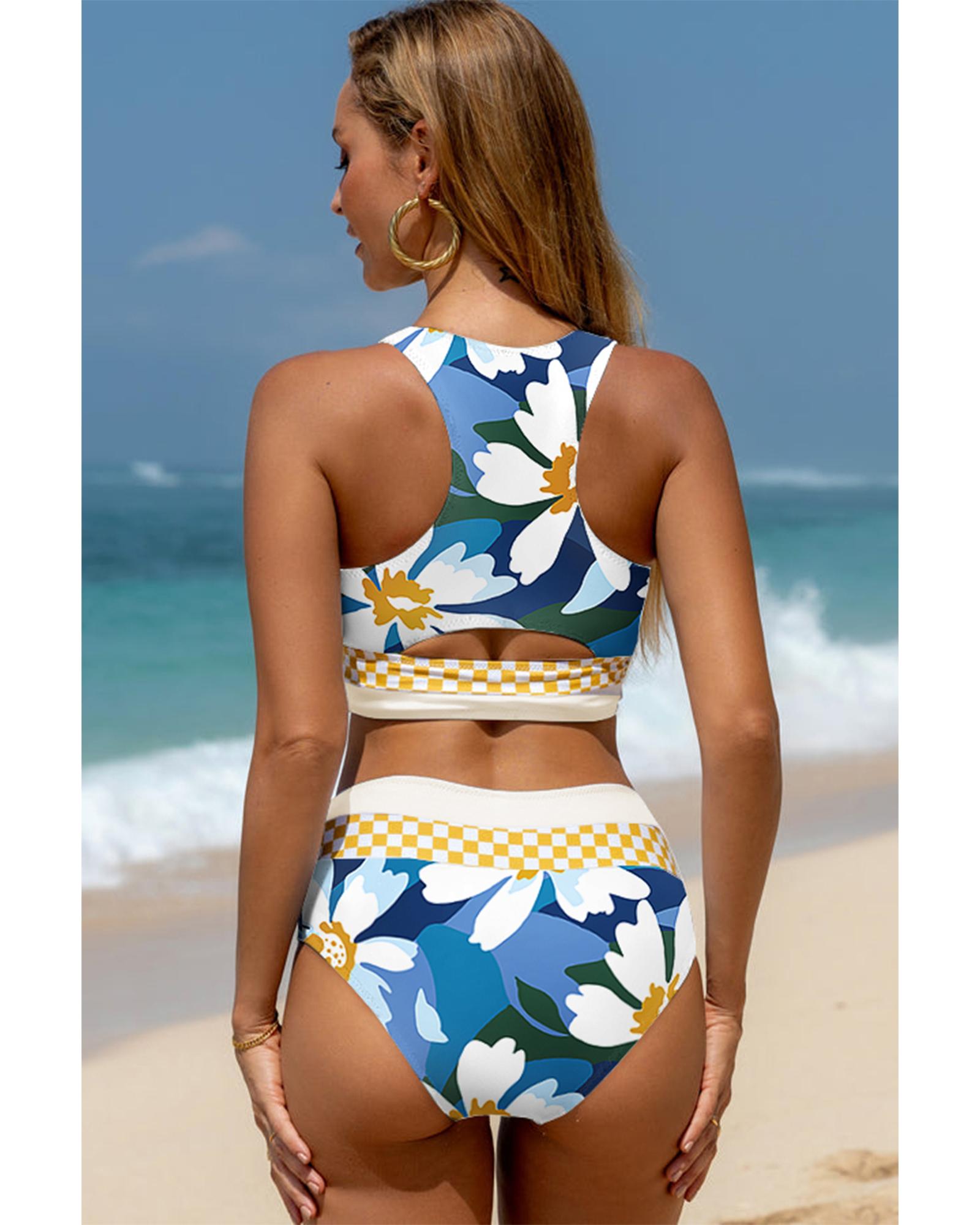 Green Floral Print Racerback Cutout High Waist 2pcs Bikini - 2XL