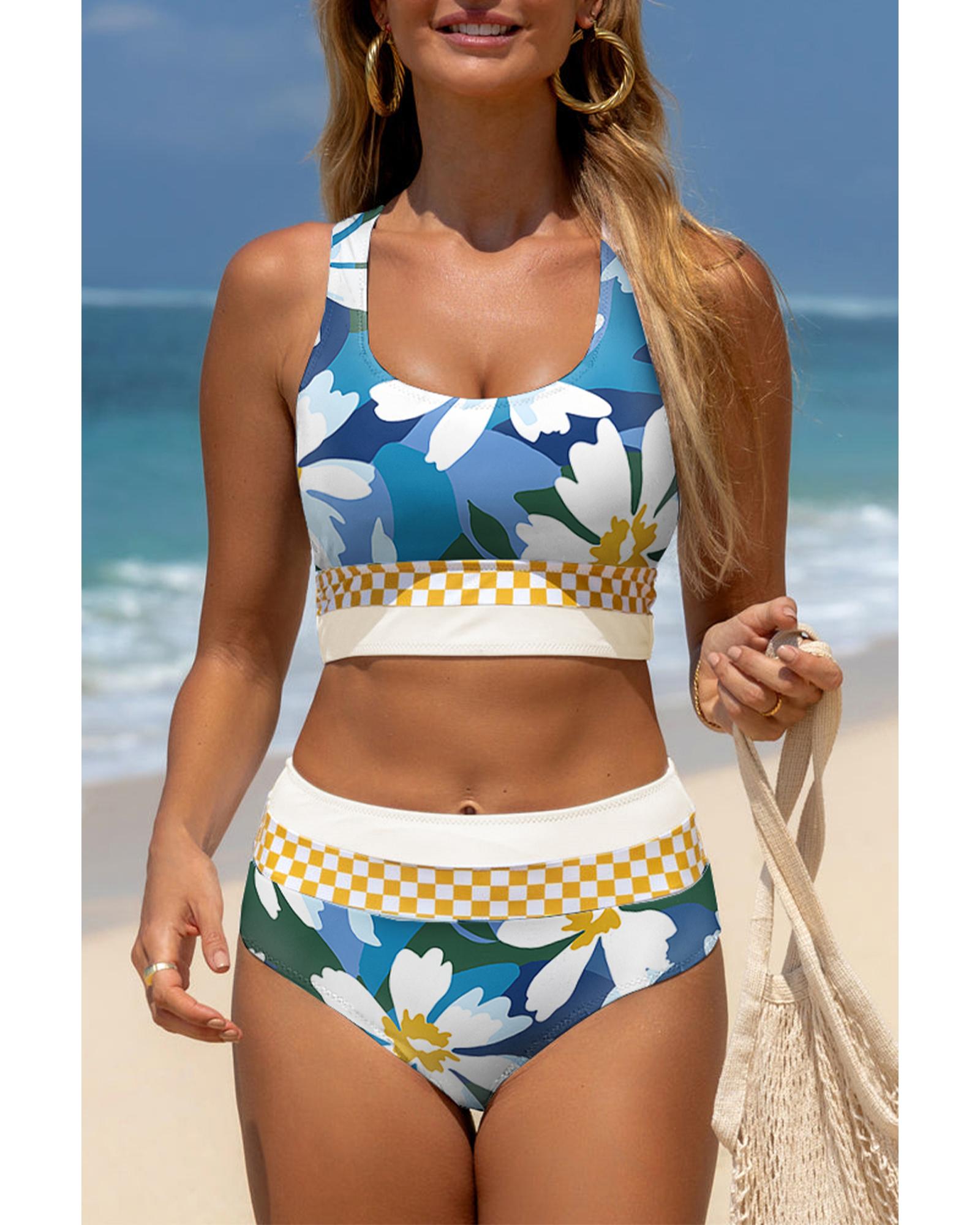 Green Floral Print Racerback Cutout High Waist 2pcs Bikini - S