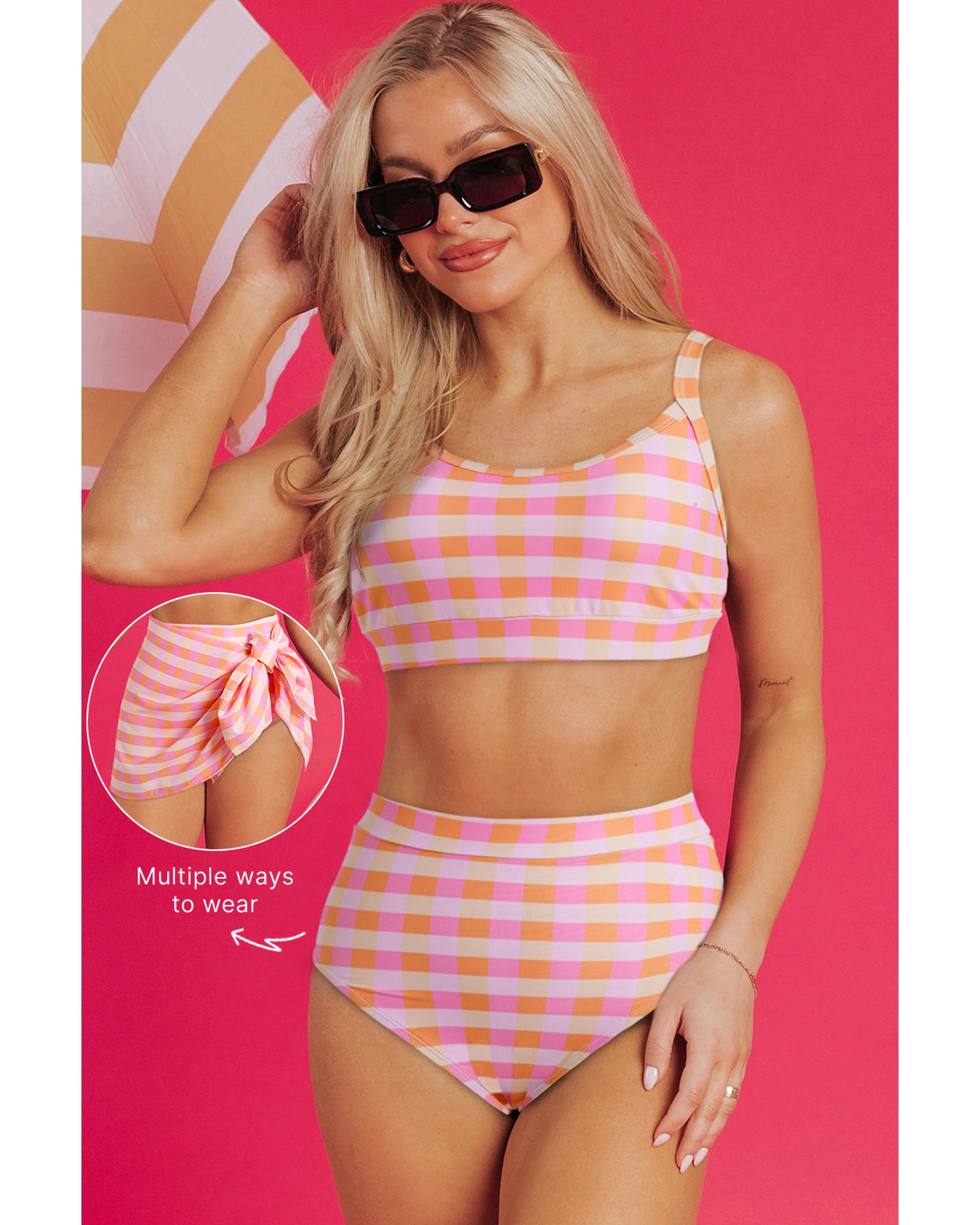 Pink 3pcs Gingham High Waist Bikini & Sarong - XL