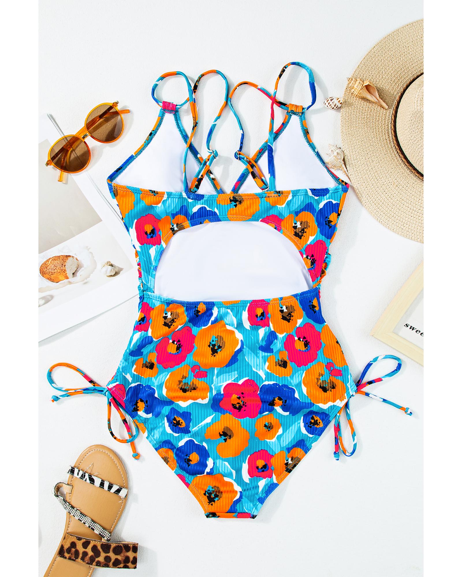 Sky Blue Orange Adjustable Straps Ribbed Knit One Piece Swimsuit - M