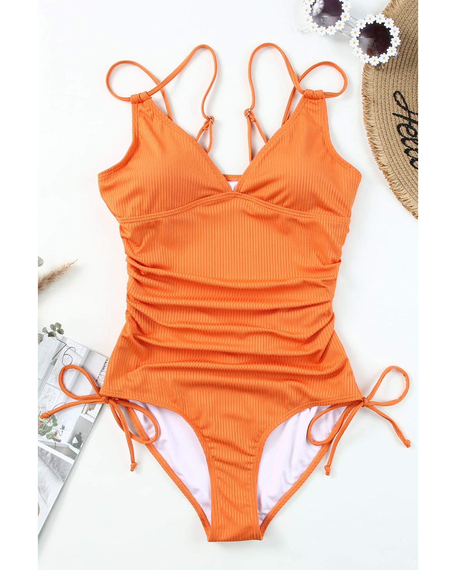 Orange Adjustable Straps Ribbed Knit One Piece Swimsuit - M
