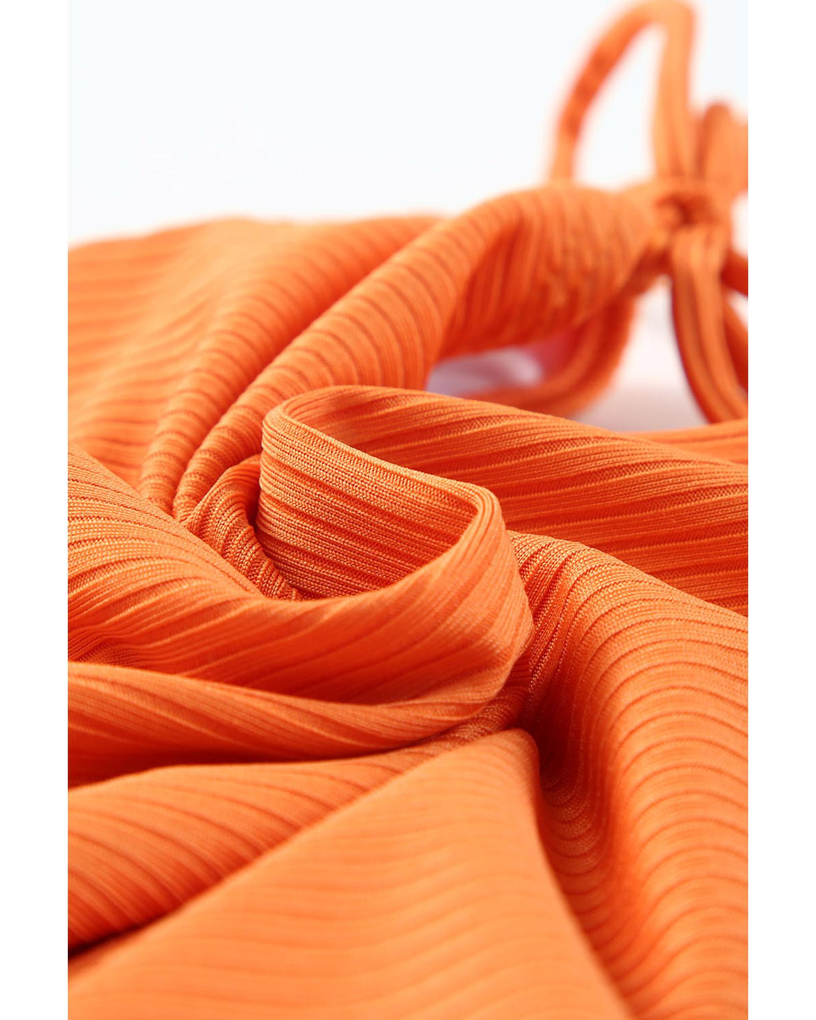 Orange Adjustable Straps Ribbed Knit One Piece Swimsuit - M
