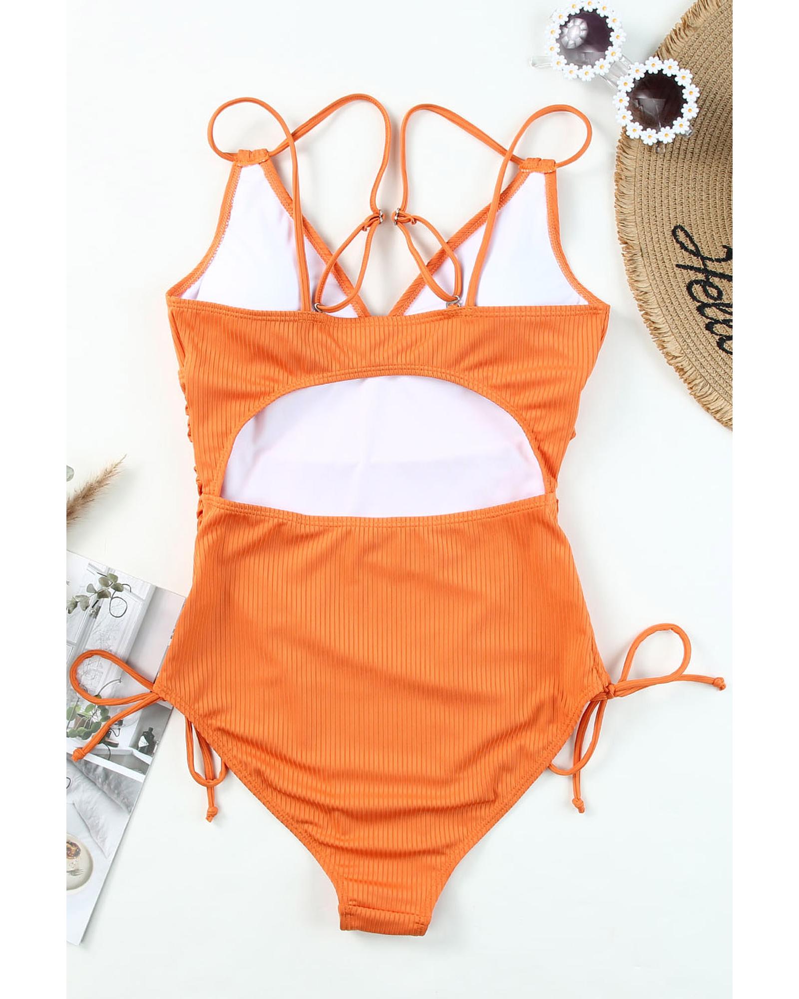 Orange Adjustable Straps Ribbed Knit One Piece Swimsuit - S