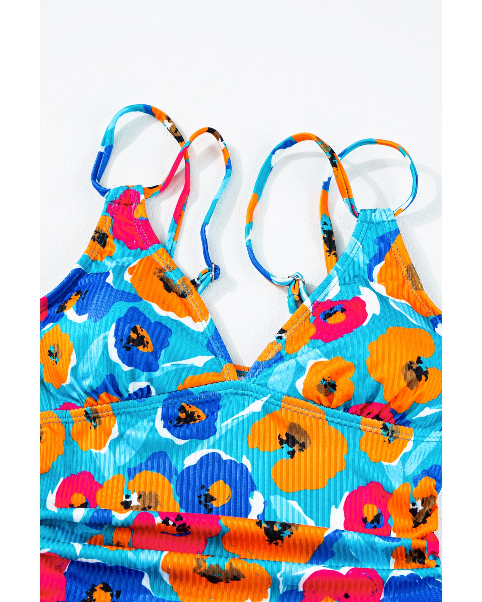 Sky Blue Orange Adjustable Straps Ribbed Knit One Piece Swimsuit - M