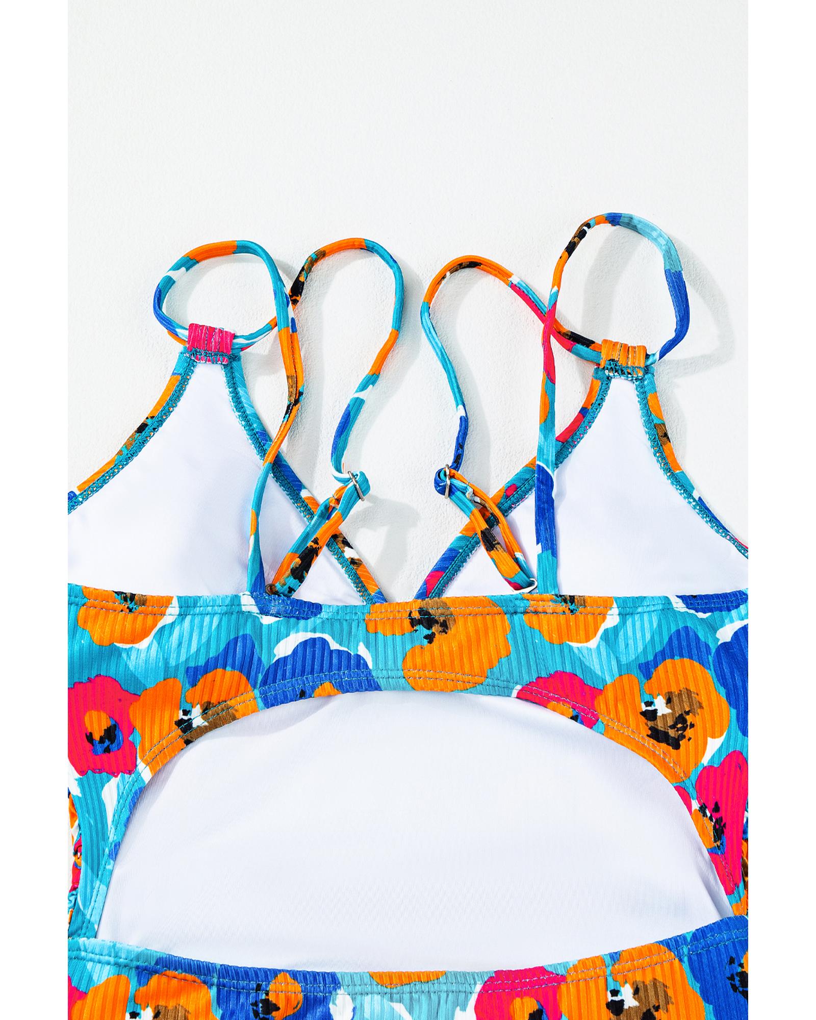 Sky Blue Orange Adjustable Straps Ribbed Knit One Piece Swimsuit - M