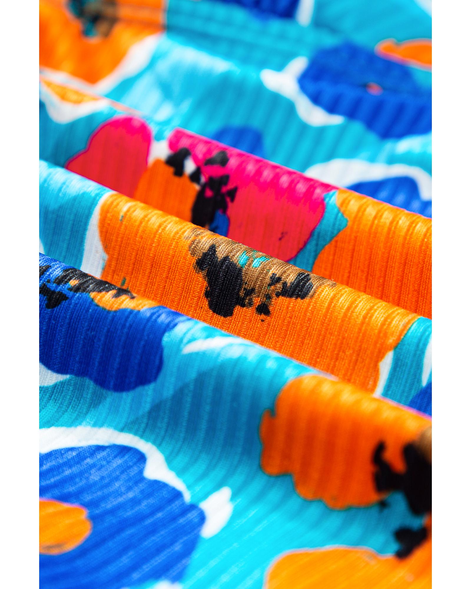 Sky Blue Orange Adjustable Straps Ribbed Knit One Piece Swimsuit - M