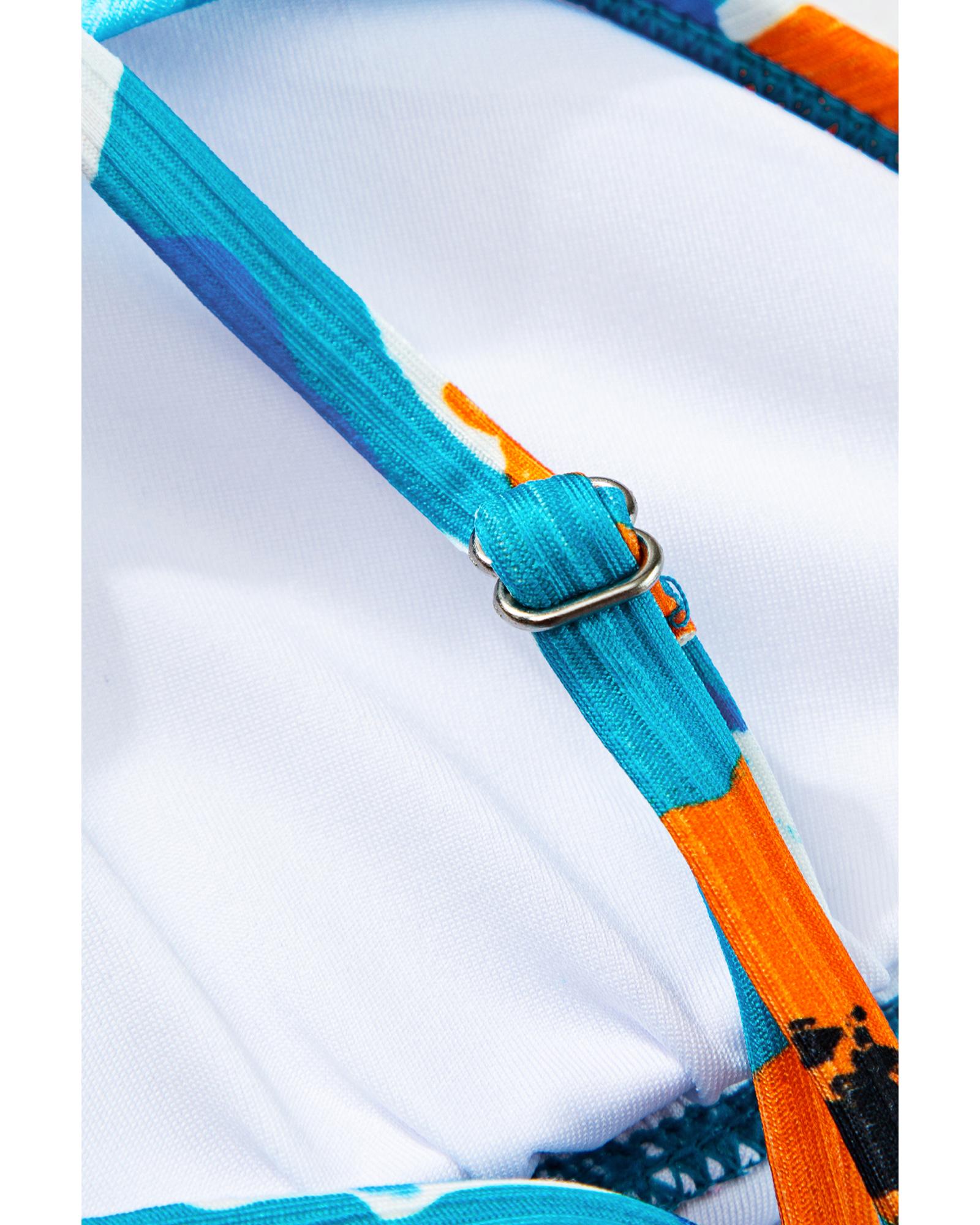 Sky Blue Orange Adjustable Straps Ribbed Knit One Piece Swimsuit - M