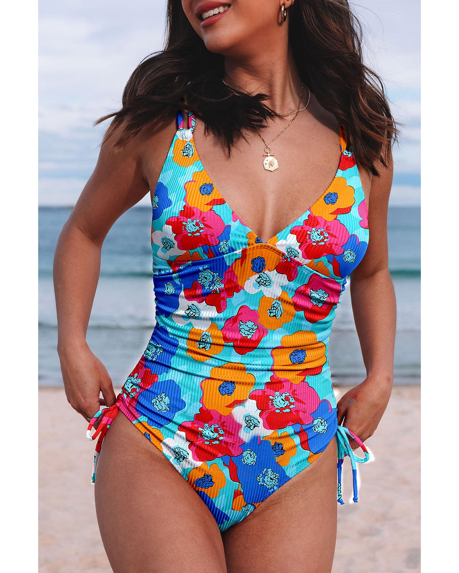 Sky Blue Orange Adjustable Straps Ribbed Knit One Piece Swimsuit - XL