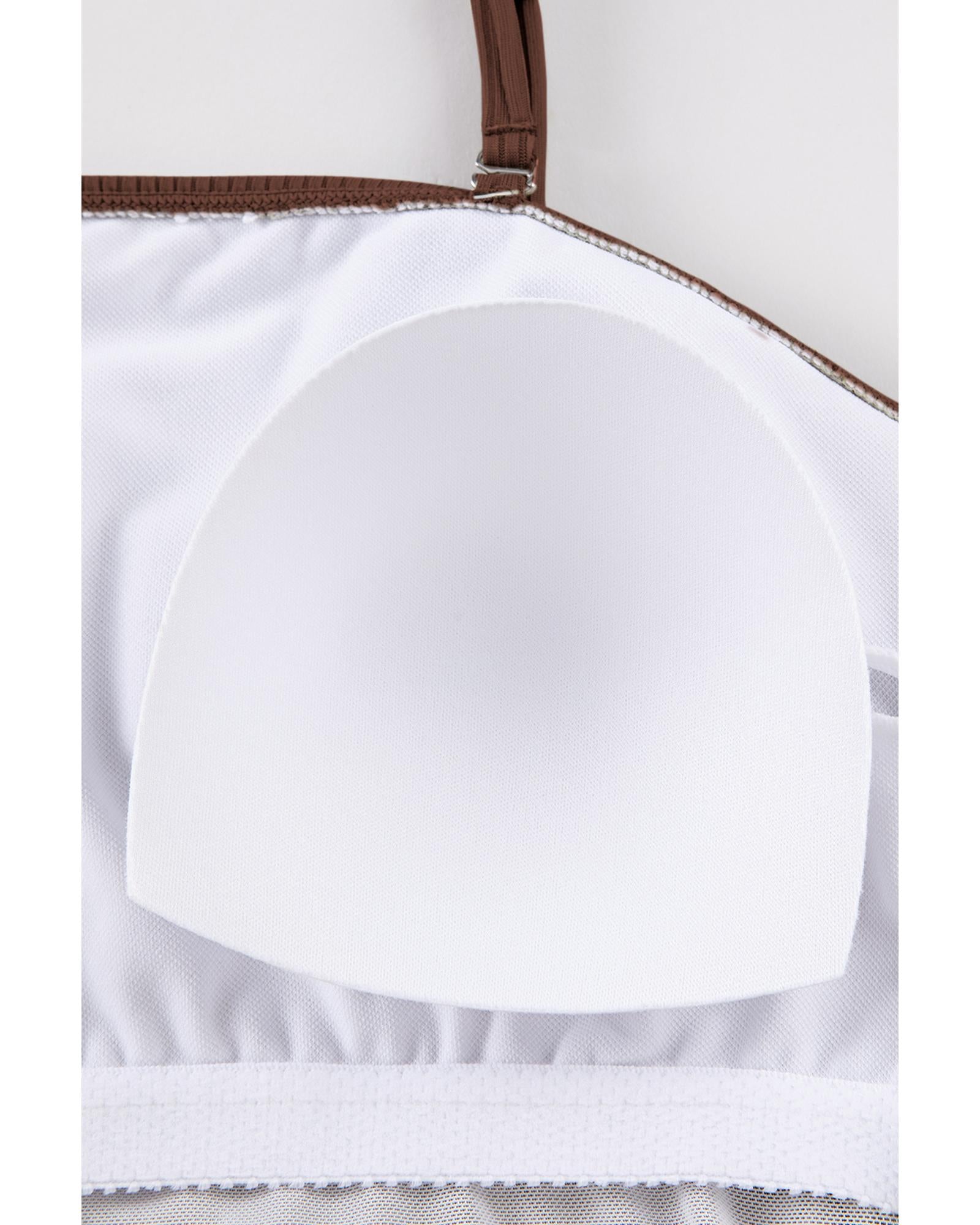 Coffee Ribbed Drawstring Sides Cutout One Piece Swimsuit - XL