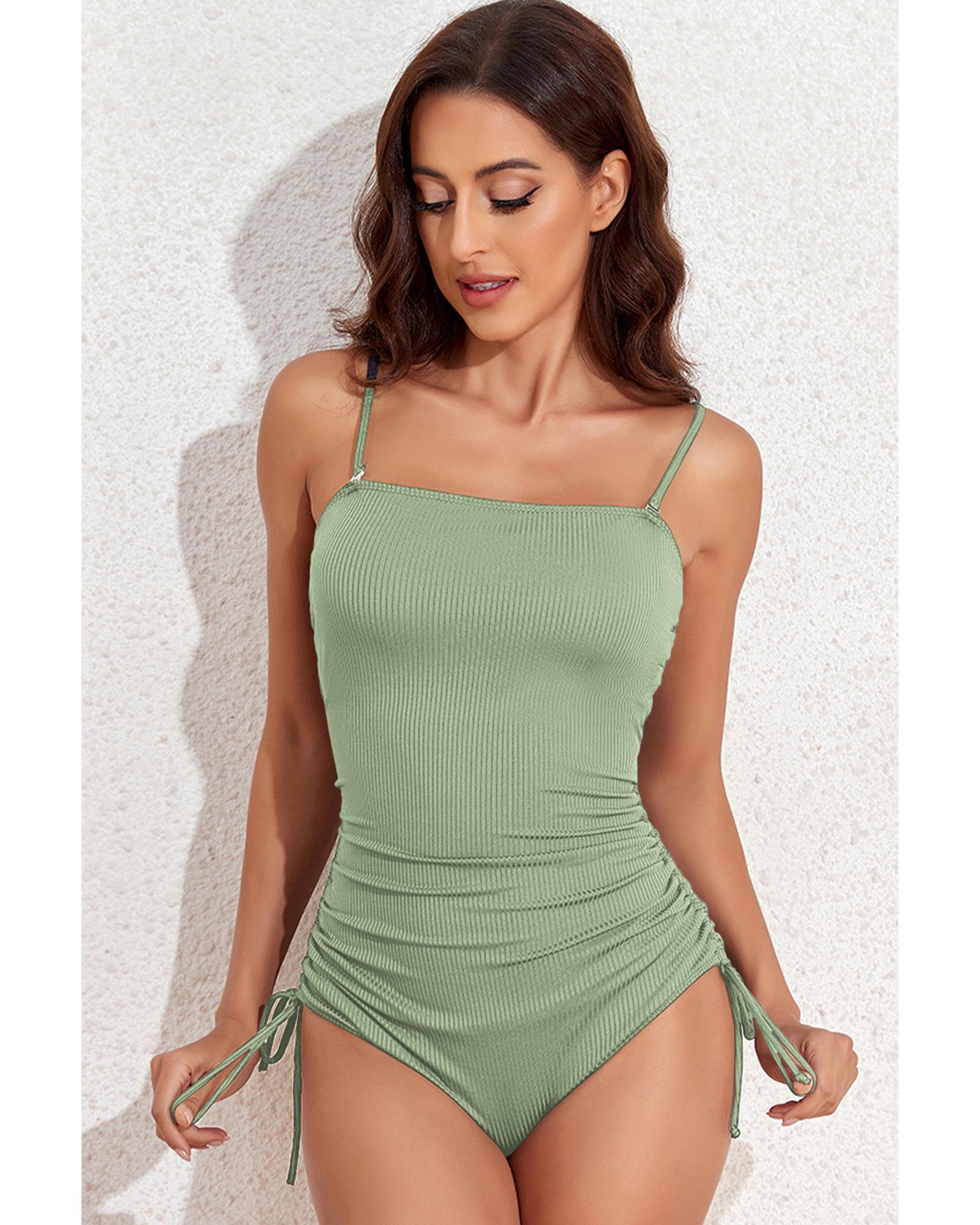 Laurel Green Ribbed Drawstring Sides Cutout One Piece Swimsuit - M
