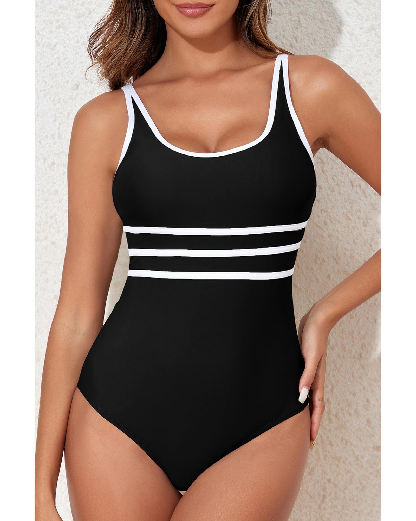 Black Contrast Trim Colorblock U Neck One Piece Swimwear - XL