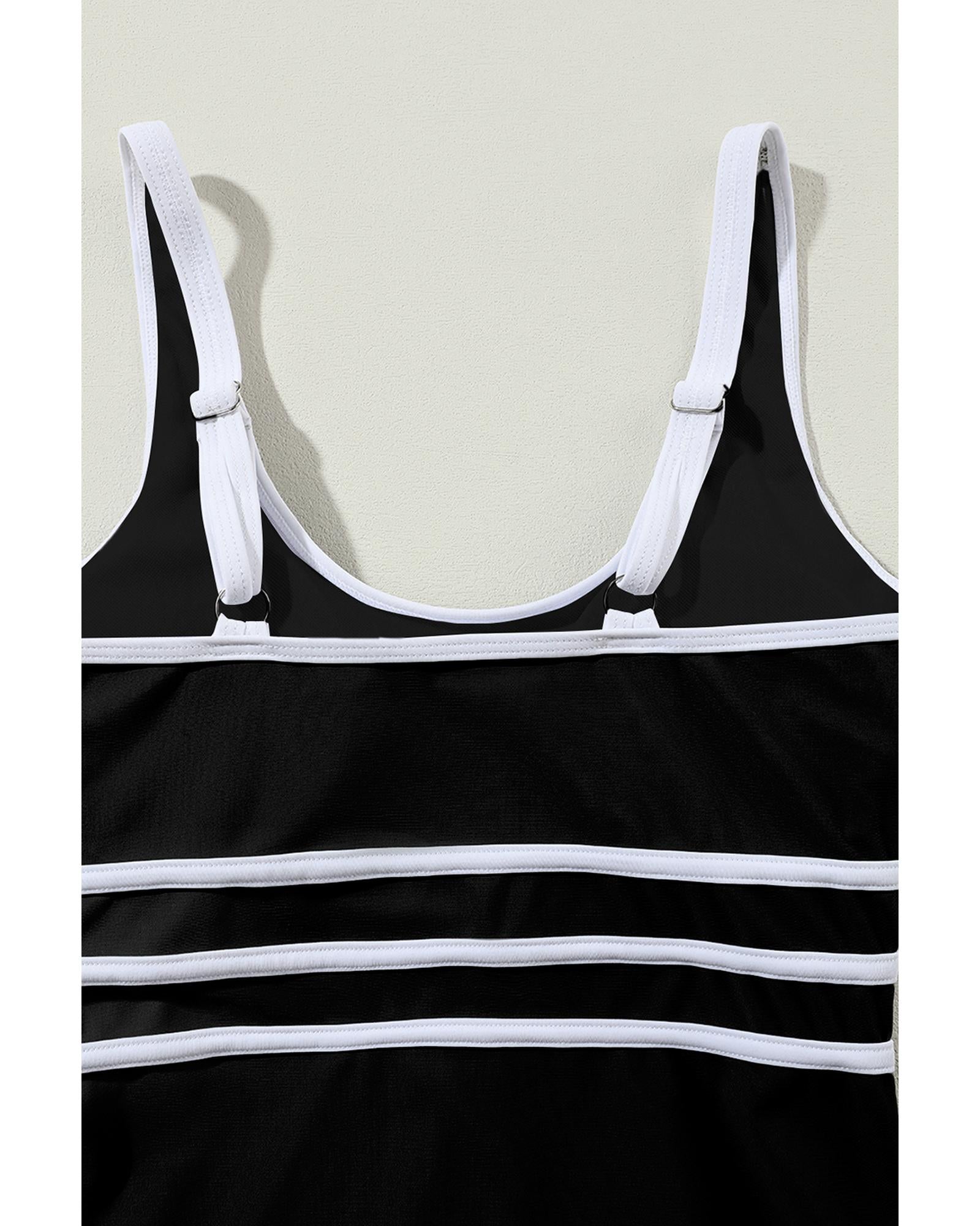 Black Contrast Trim Colorblock U Neck One Piece Swimwear - XL