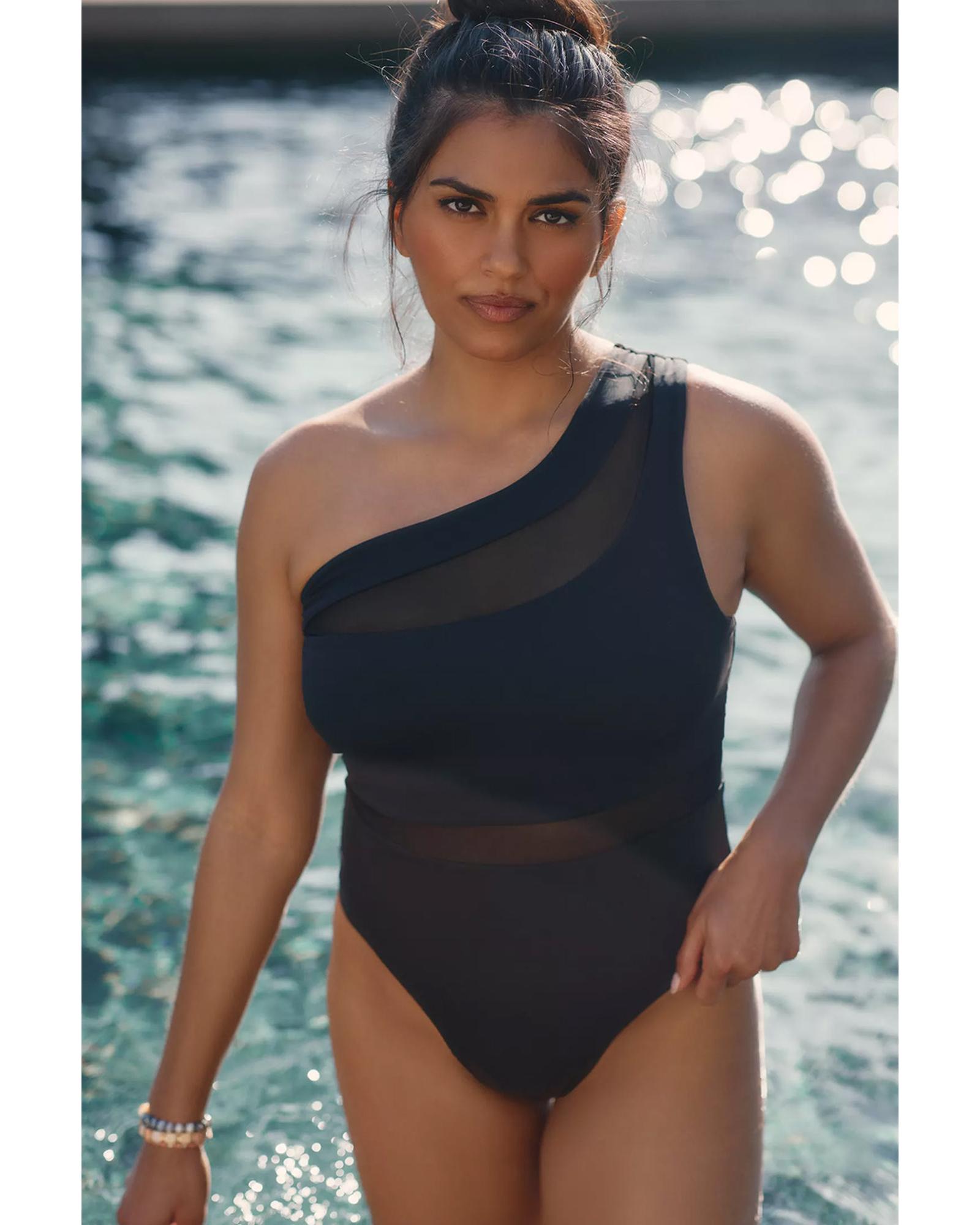 Black Mesh Insert One Shoulder High Waist Teddy Swimsuit - S