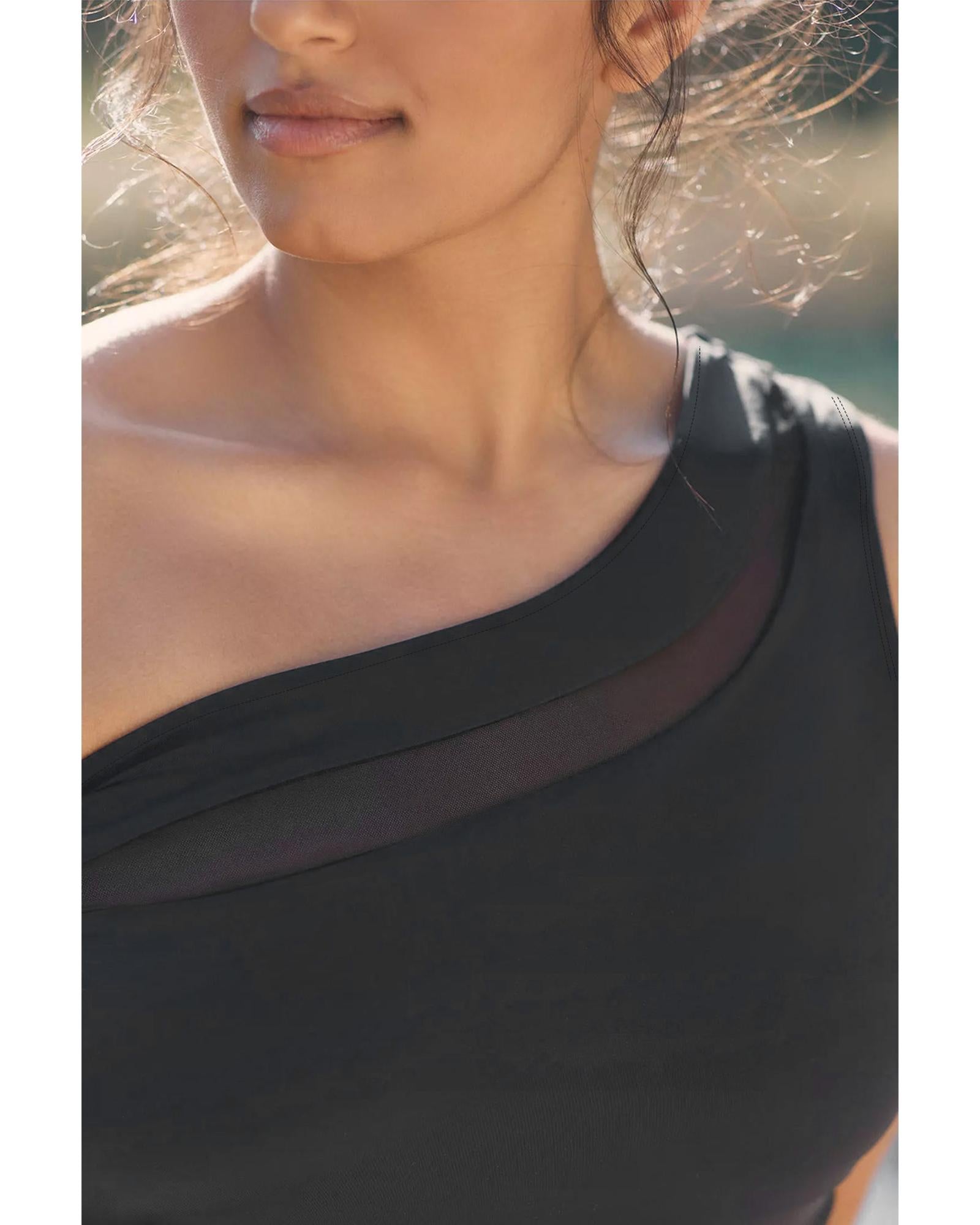 Black Mesh Insert One Shoulder High Waist Teddy Swimsuit - S