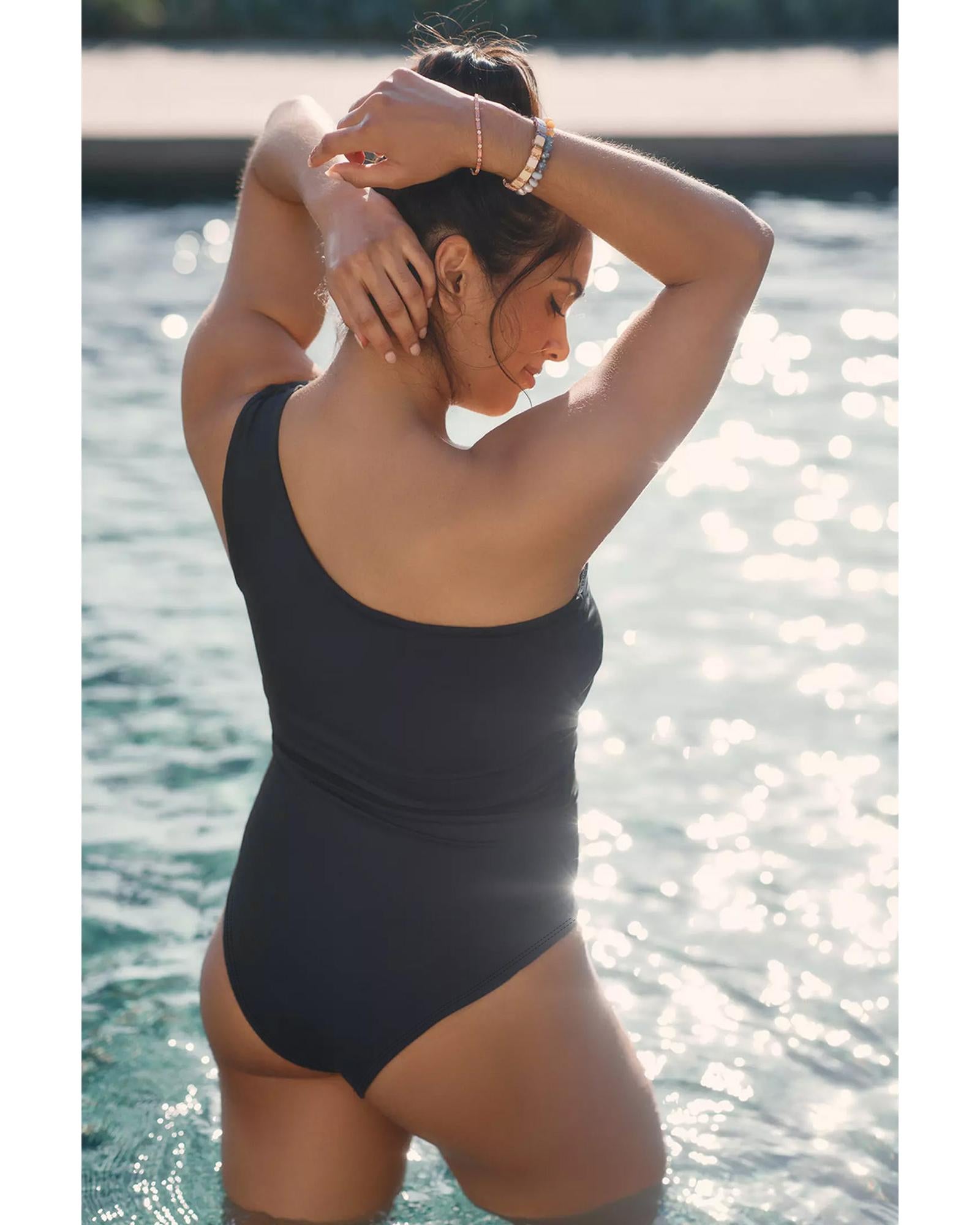 Black Mesh Insert One Shoulder High Waist Teddy Swimsuit - S