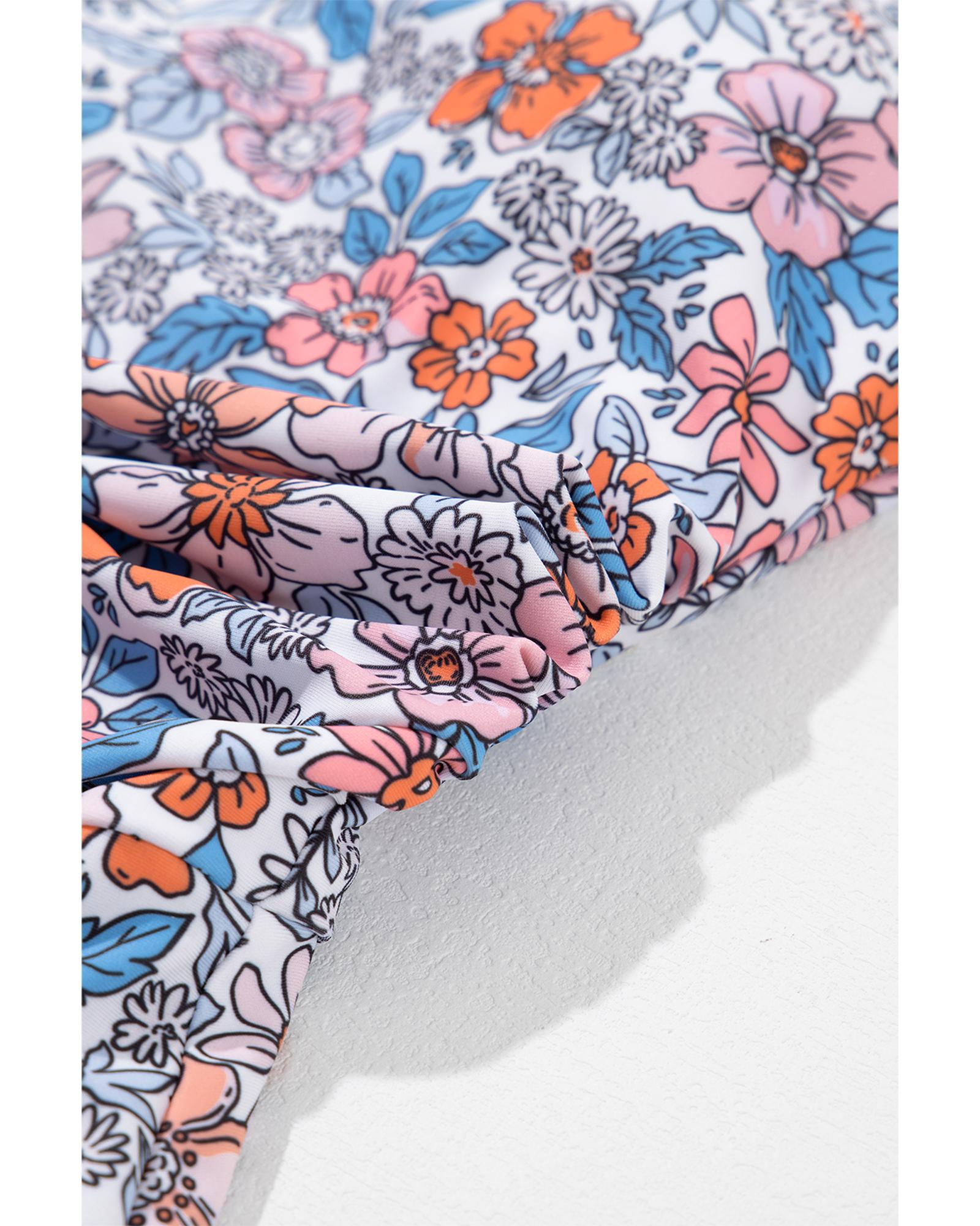 Pink Drawstring Ruched Floral Swim Dress - S