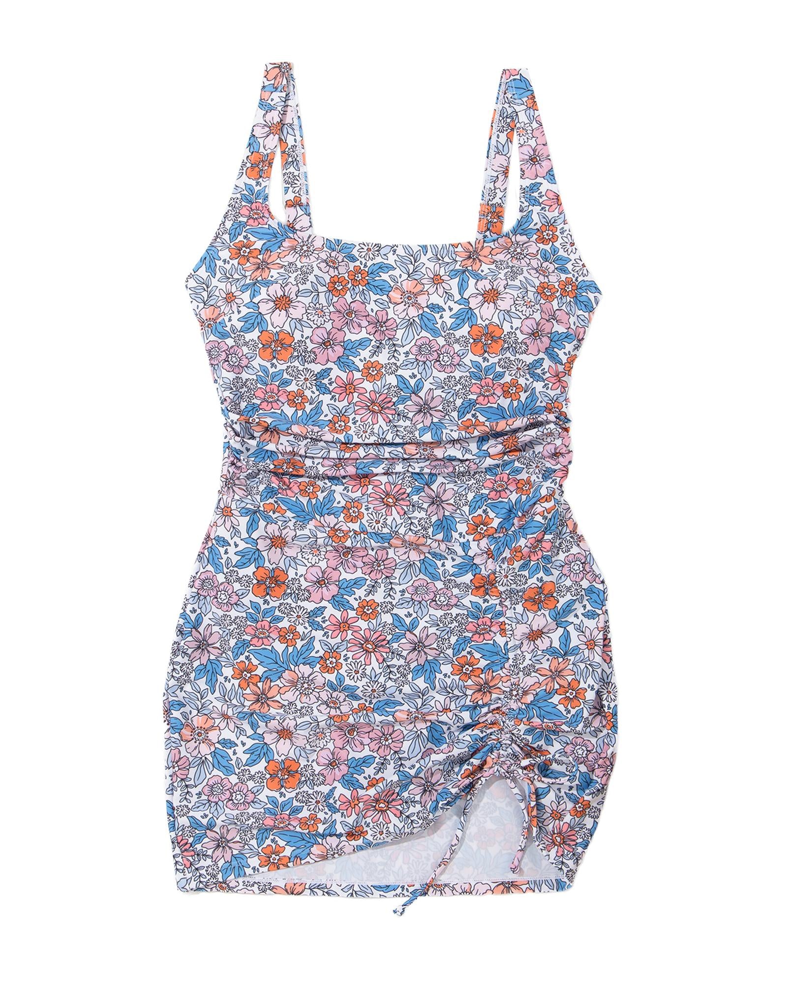 Pink Drawstring Ruched Floral Swim Dress - S