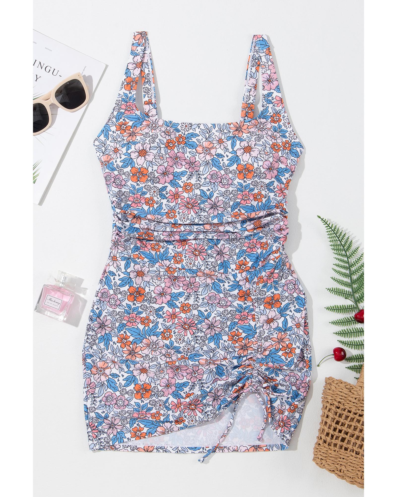 Pink Drawstring Ruched Floral Swim Dress - S