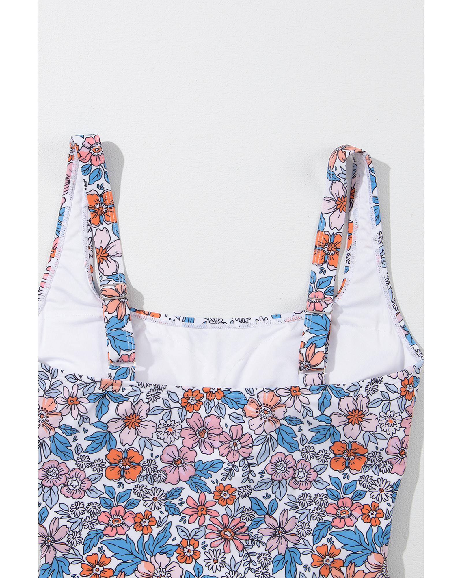 Pink Drawstring Ruched Floral Swim Dress - S