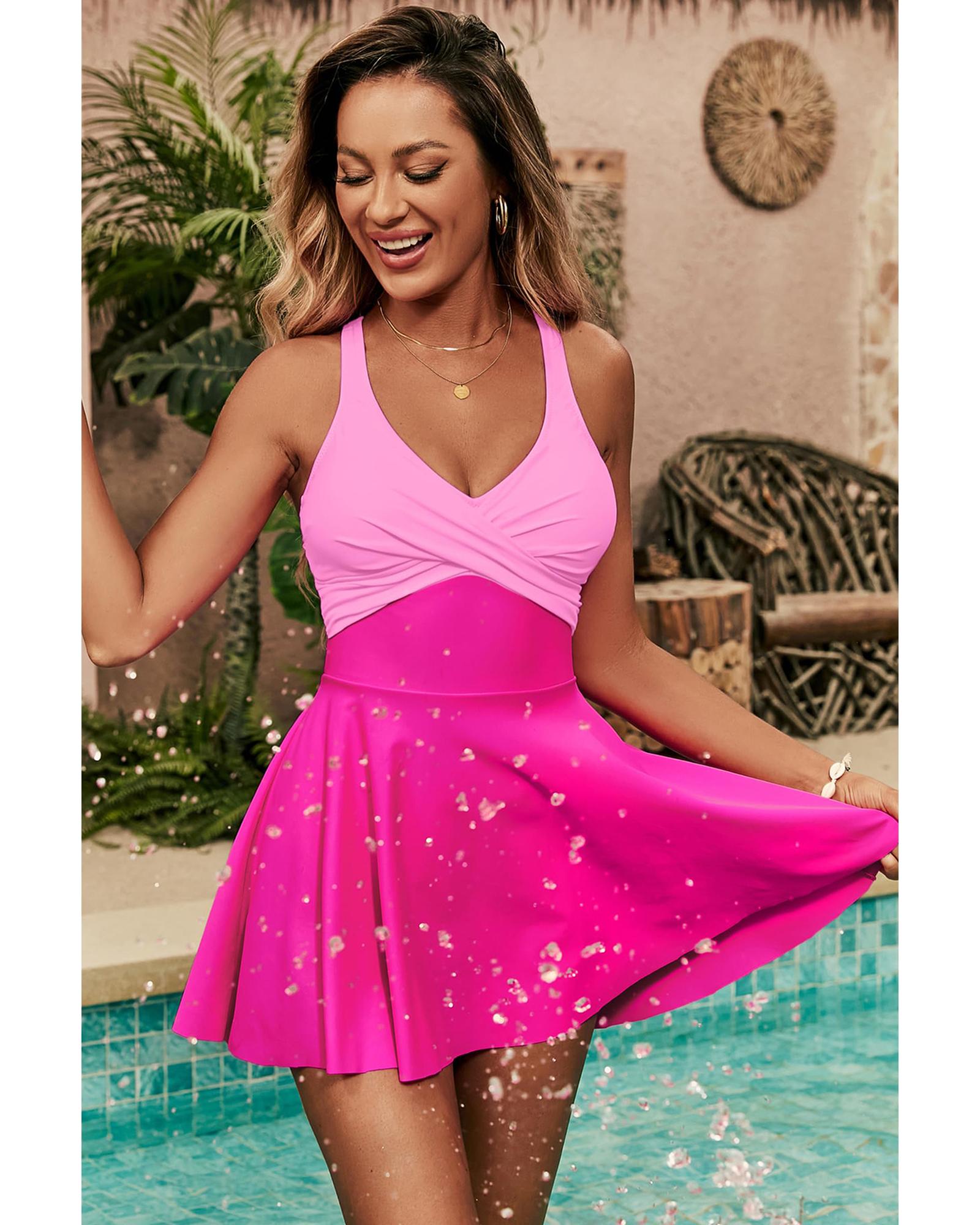 Rose Red Crisscross Straps Tie Back Flared One Piece Swimsuit - M