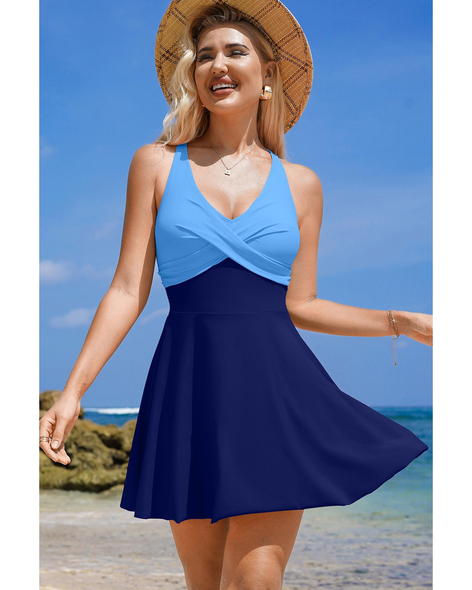 Navy Blue Crisscross Straps Tie Back Flared One Piece Swimsuit - M