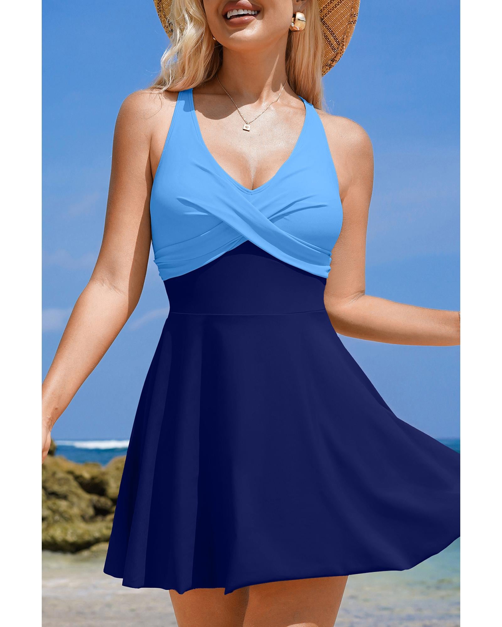 Navy Blue Crisscross Straps Tie Back Flared One Piece Swimsuit - M