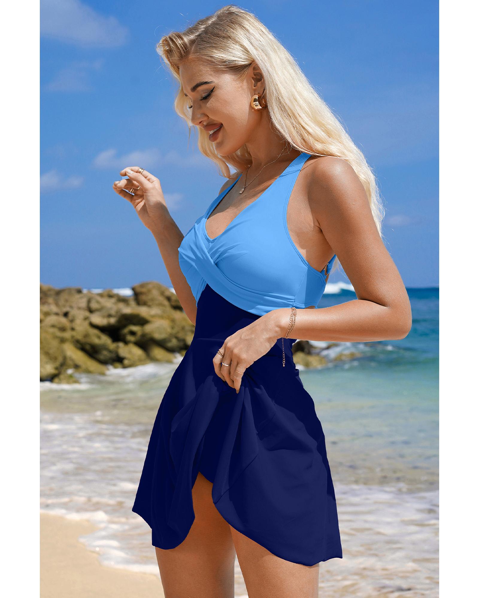 Navy Blue Crisscross Straps Tie Back Flared One Piece Swimsuit - S