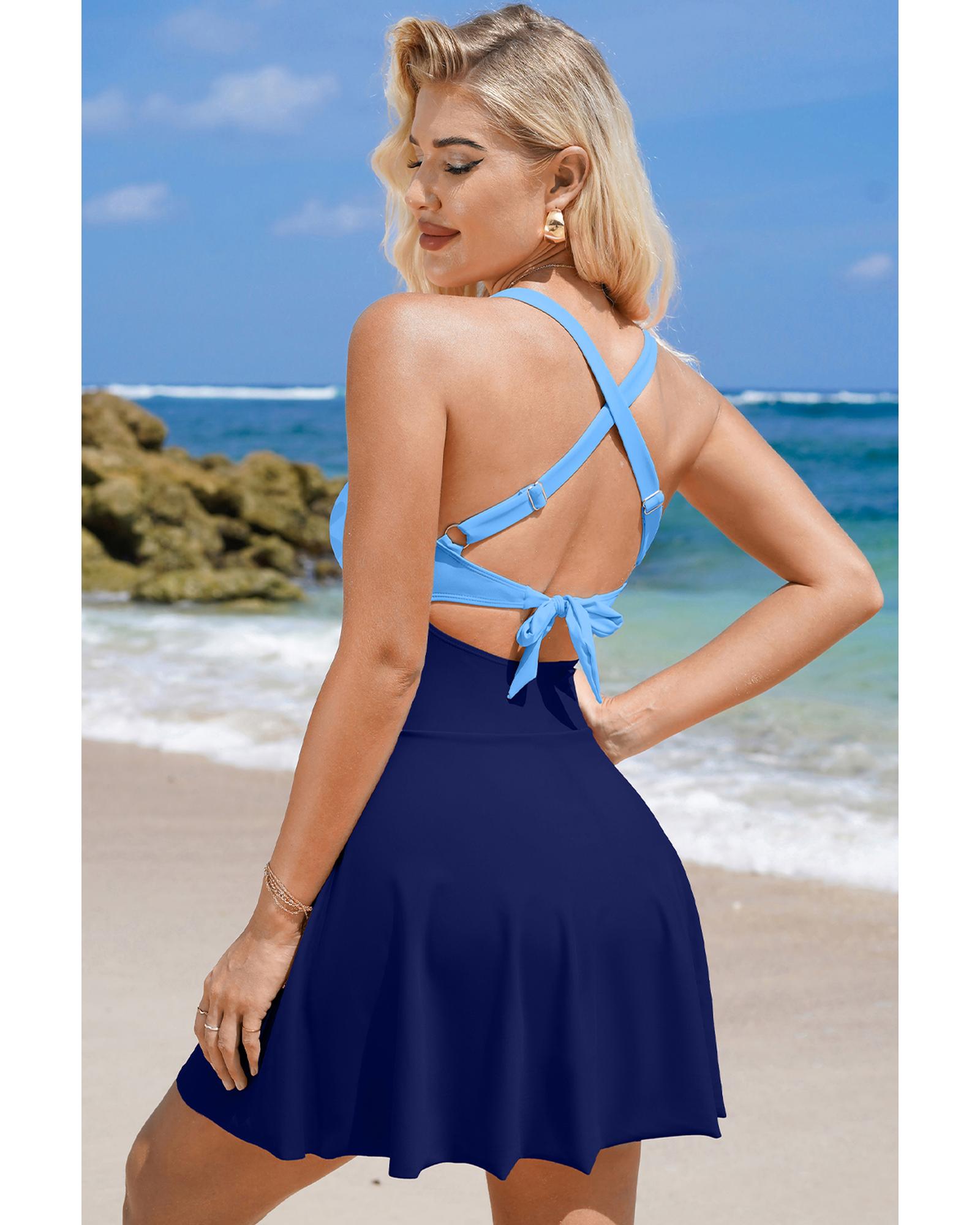 Navy Blue Crisscross Straps Tie Back Flared One Piece Swimsuit - S