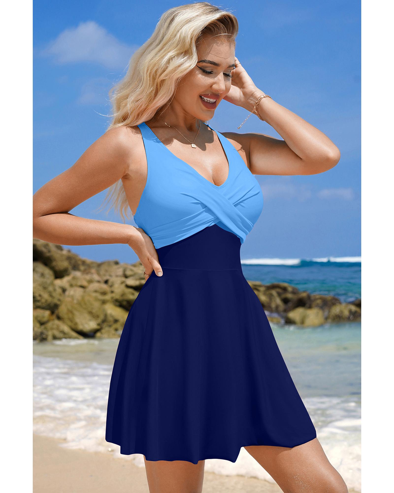 Navy Blue Crisscross Straps Tie Back Flared One Piece Swimsuit - S