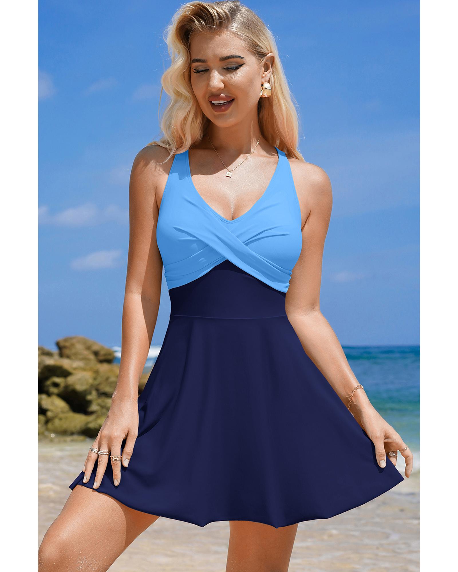 Navy Blue Crisscross Straps Tie Back Flared One Piece Swimsuit - S