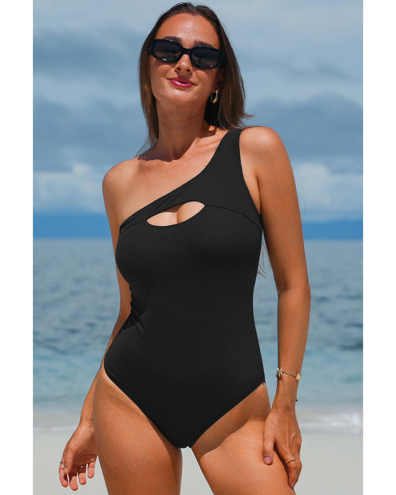 Black Ribbed One Shoulder Hollowed One Piece Swimsuit - S