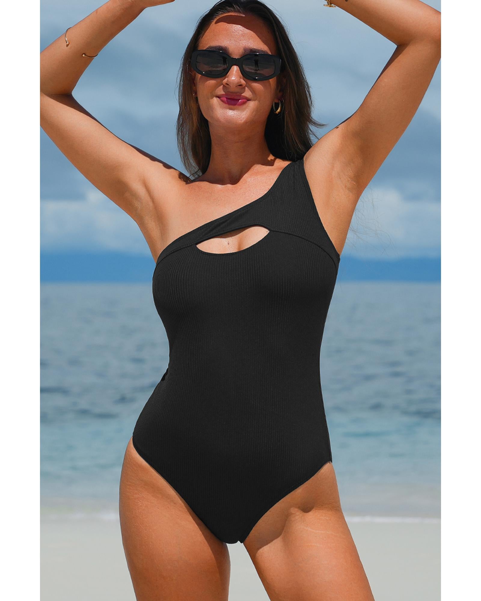 Black Ribbed One Shoulder Hollowed One Piece Swimsuit - S