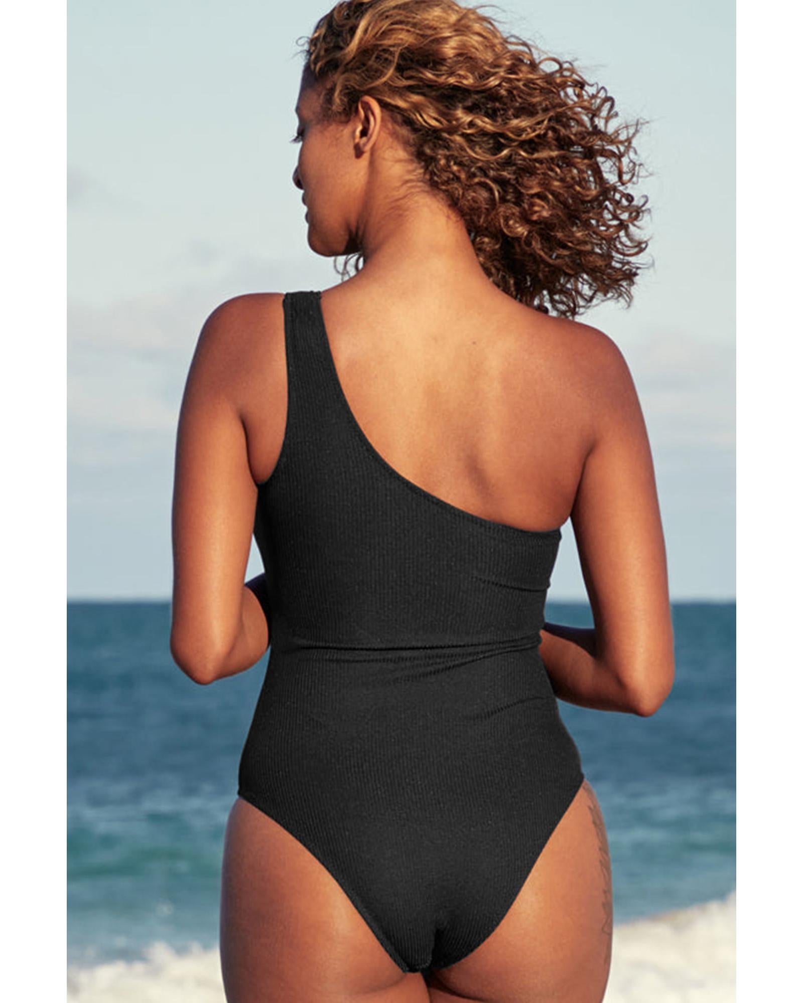 Black Ribbed One Shoulder Hollowed One Piece Swimsuit - S