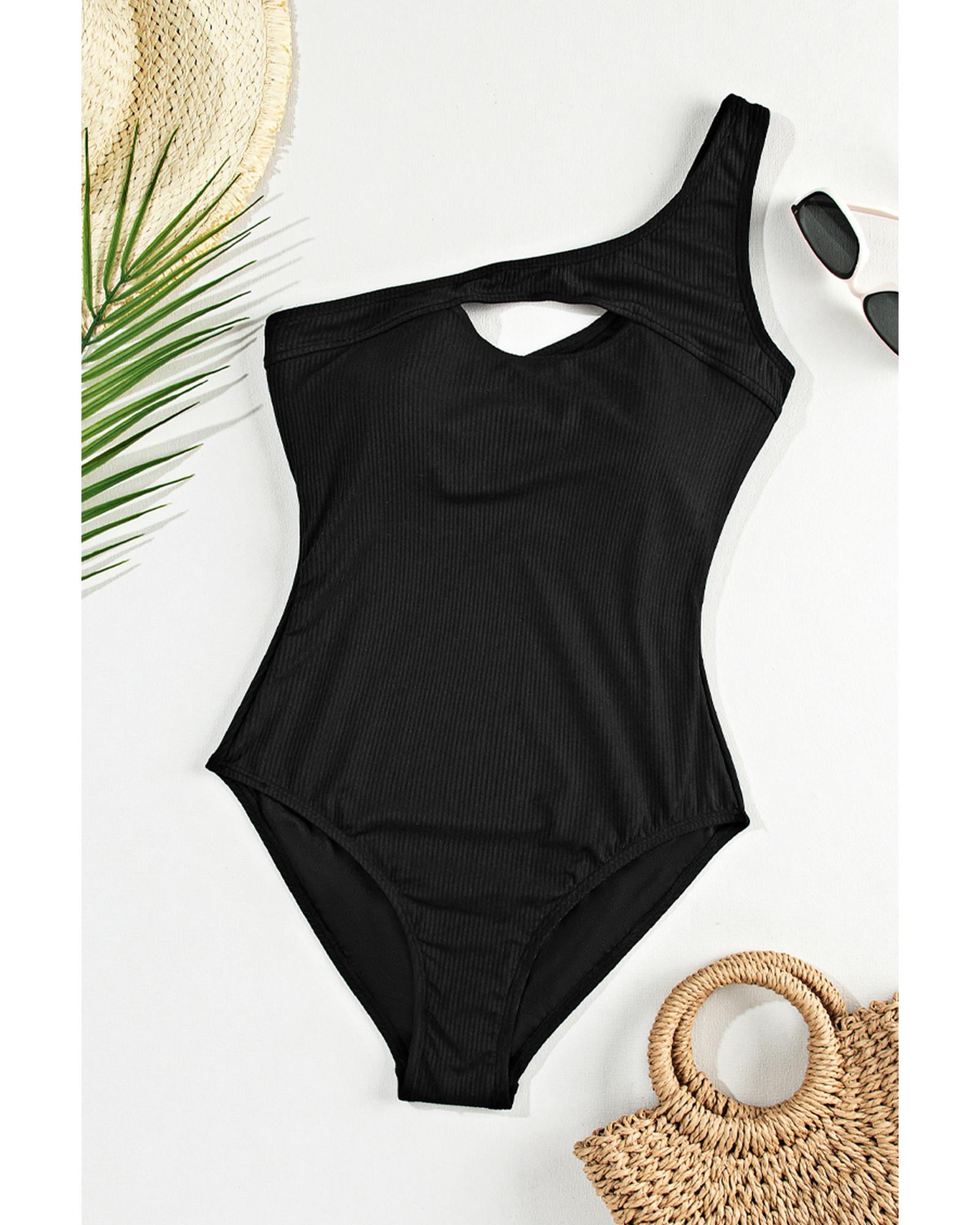Black Ribbed One Shoulder Hollowed One Piece Swimsuit - S