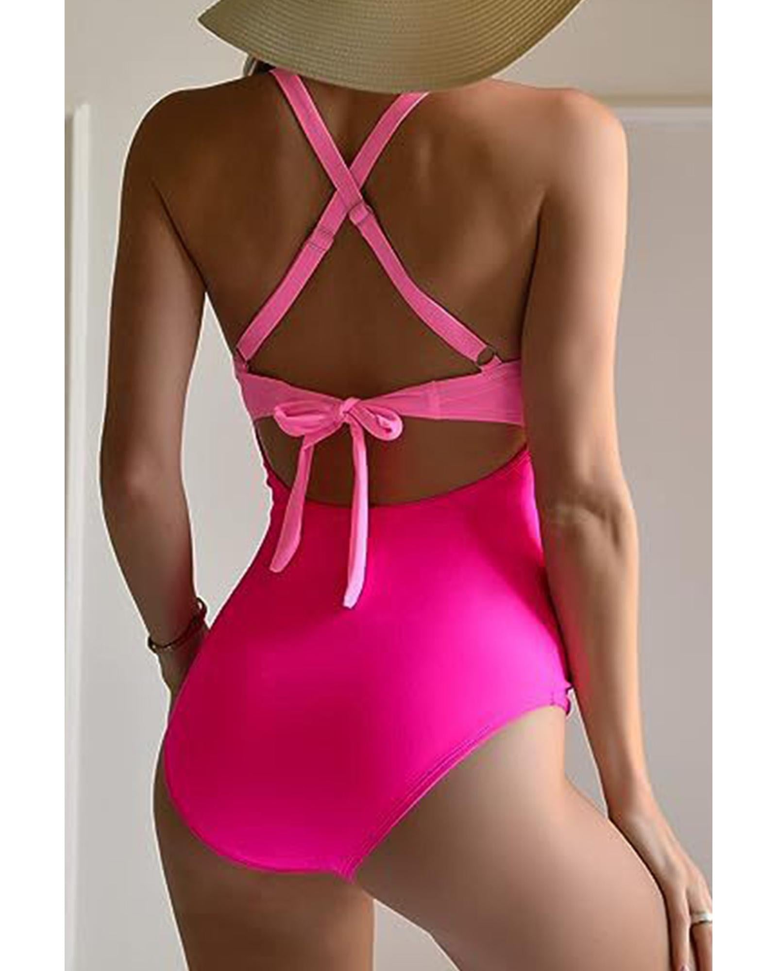 Pink 2-tone Crossed Cutout Backless Monokini - L