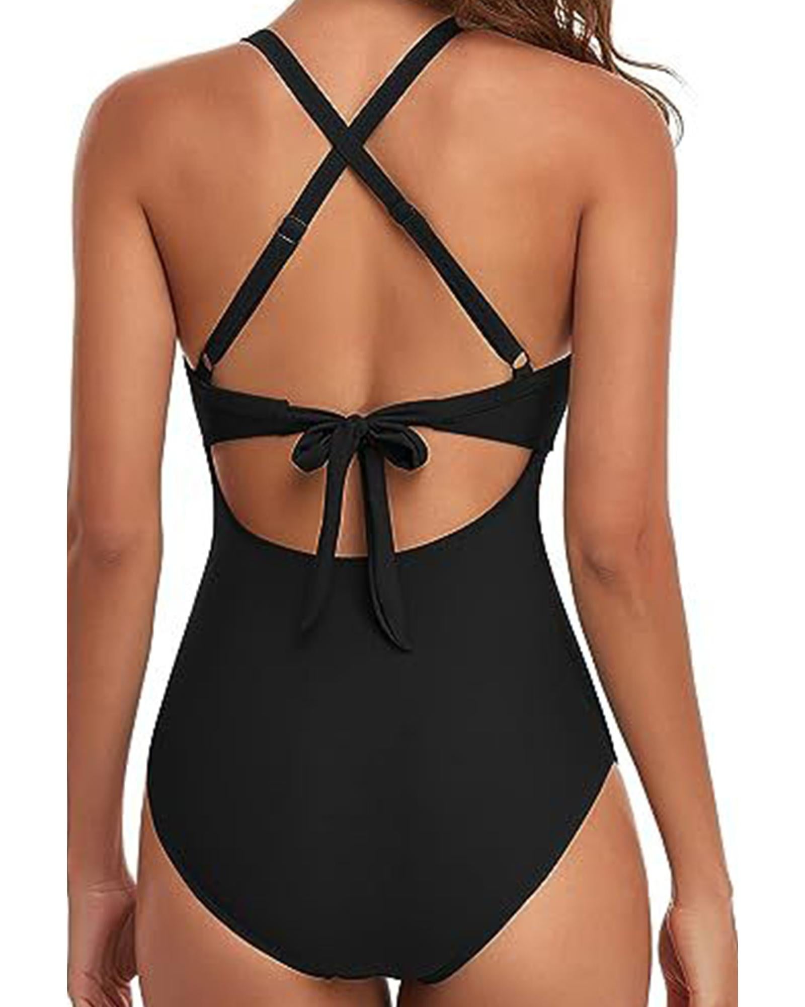Black 2-tone Crossed Cutout Backless Monokini - S
