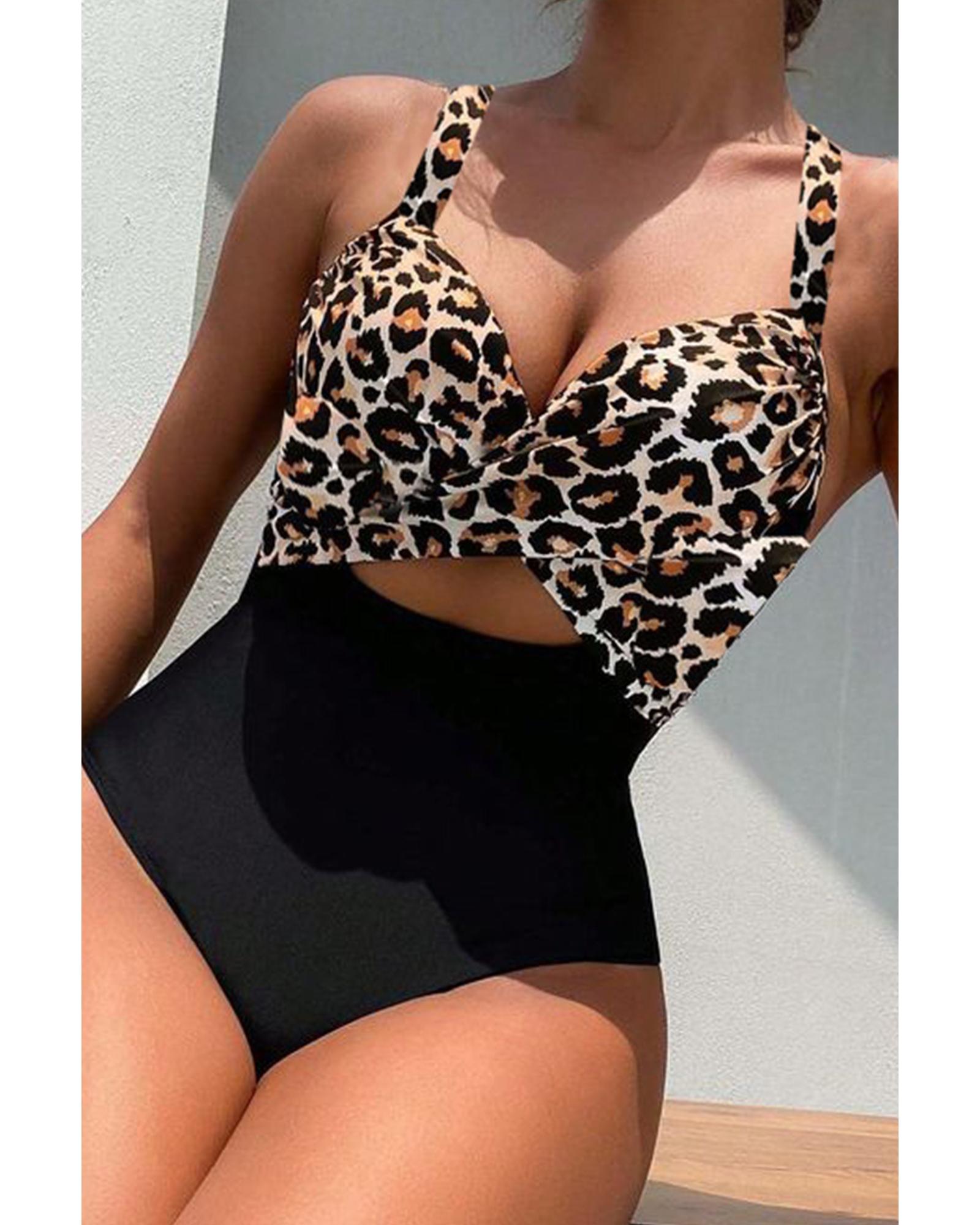 Black Leopard 2-tone Crossed Cutout Backless Monokini - S