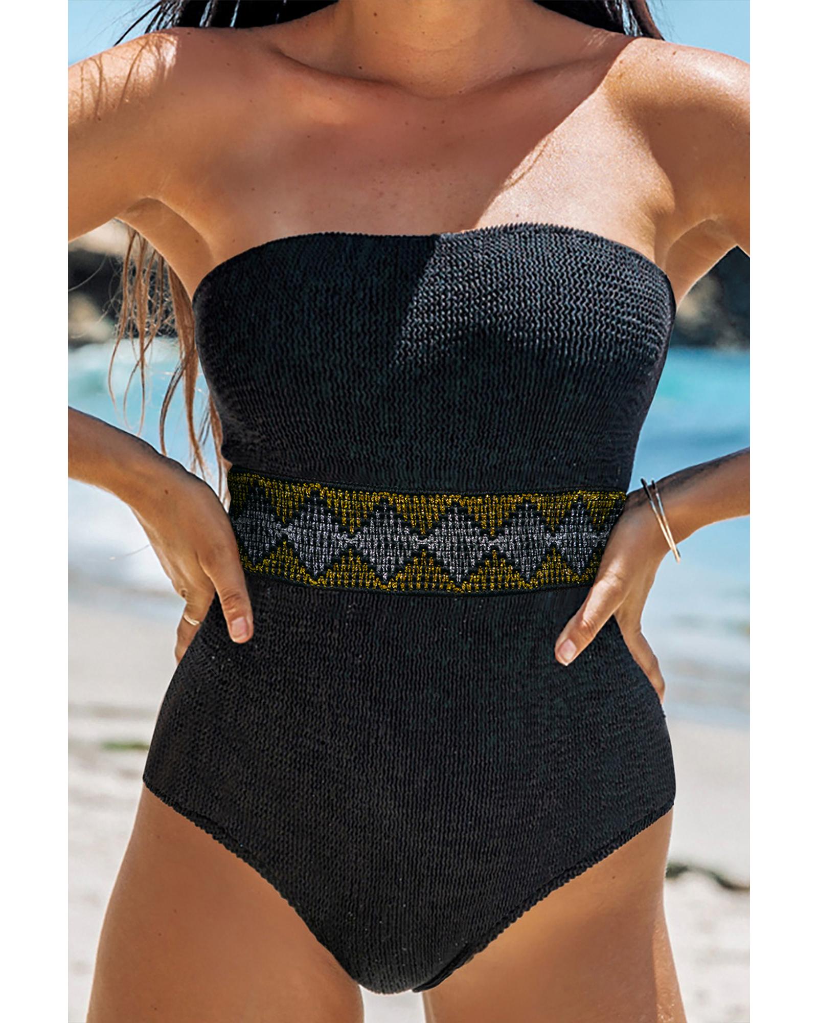 Black Geometric Trim High Waist Strapless One Piece Swimsuit - S