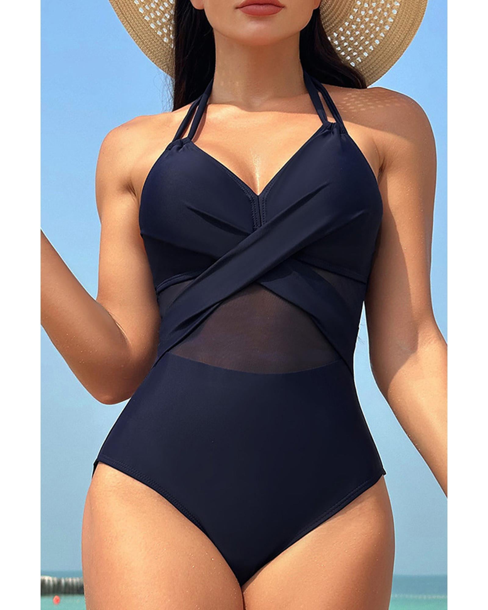 Navy Blue Halter Mesh Insert Cross Front One-Piece Swimsuit - S