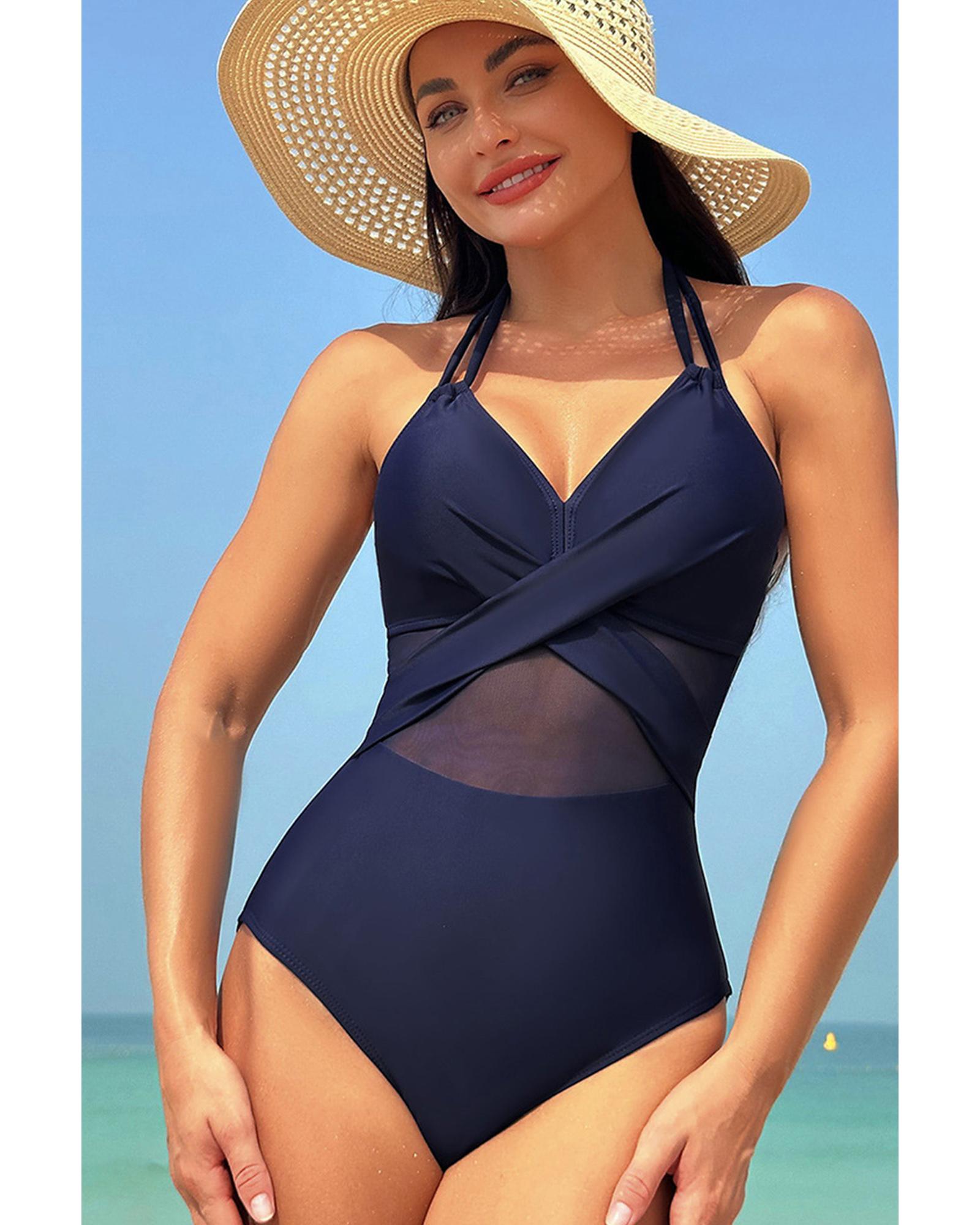 Navy Blue Halter Mesh Insert Cross Front One-Piece Swimsuit - S