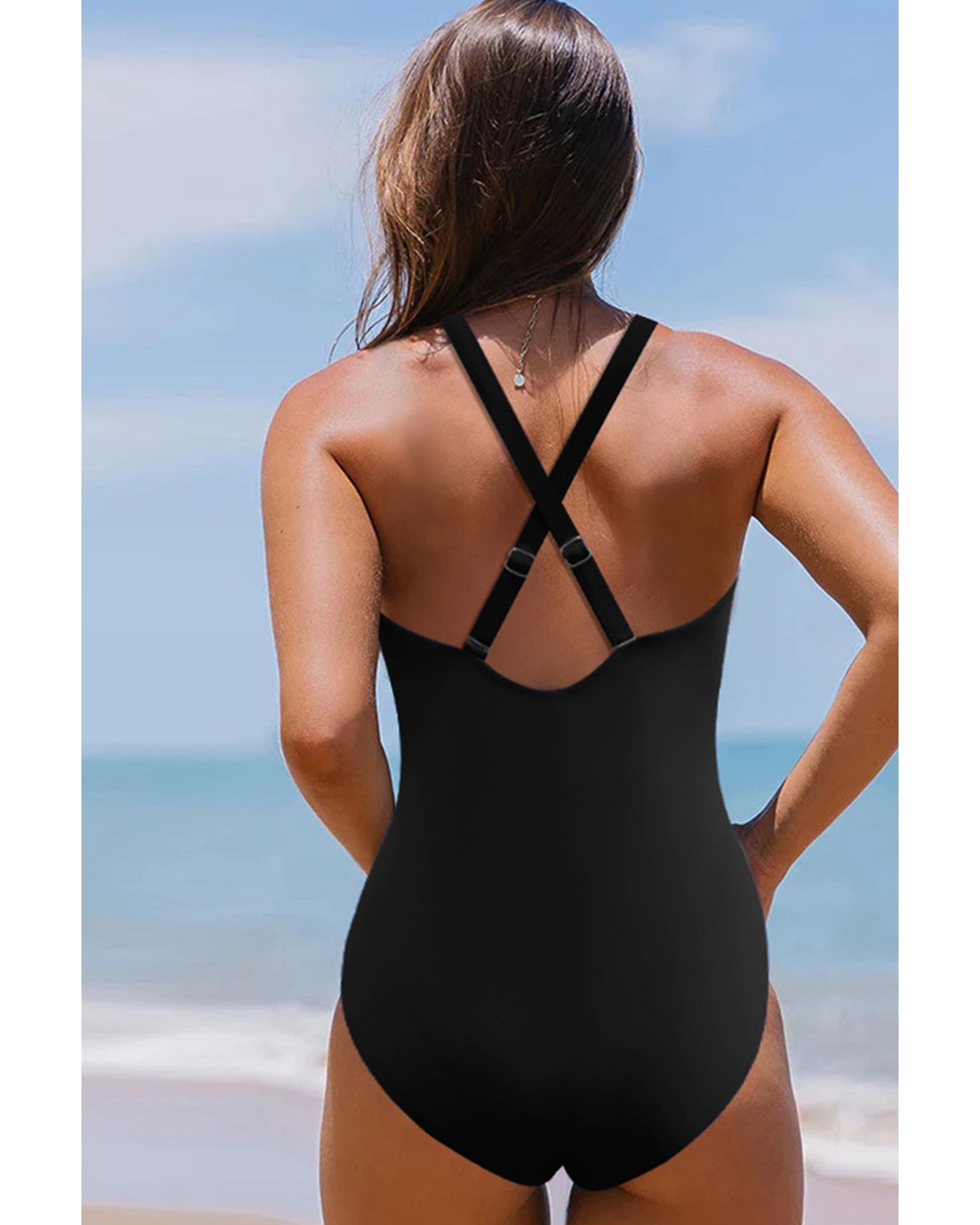 Black V Neck Twist Ruched Crisscross Backless One-Piece Swimsuit - M