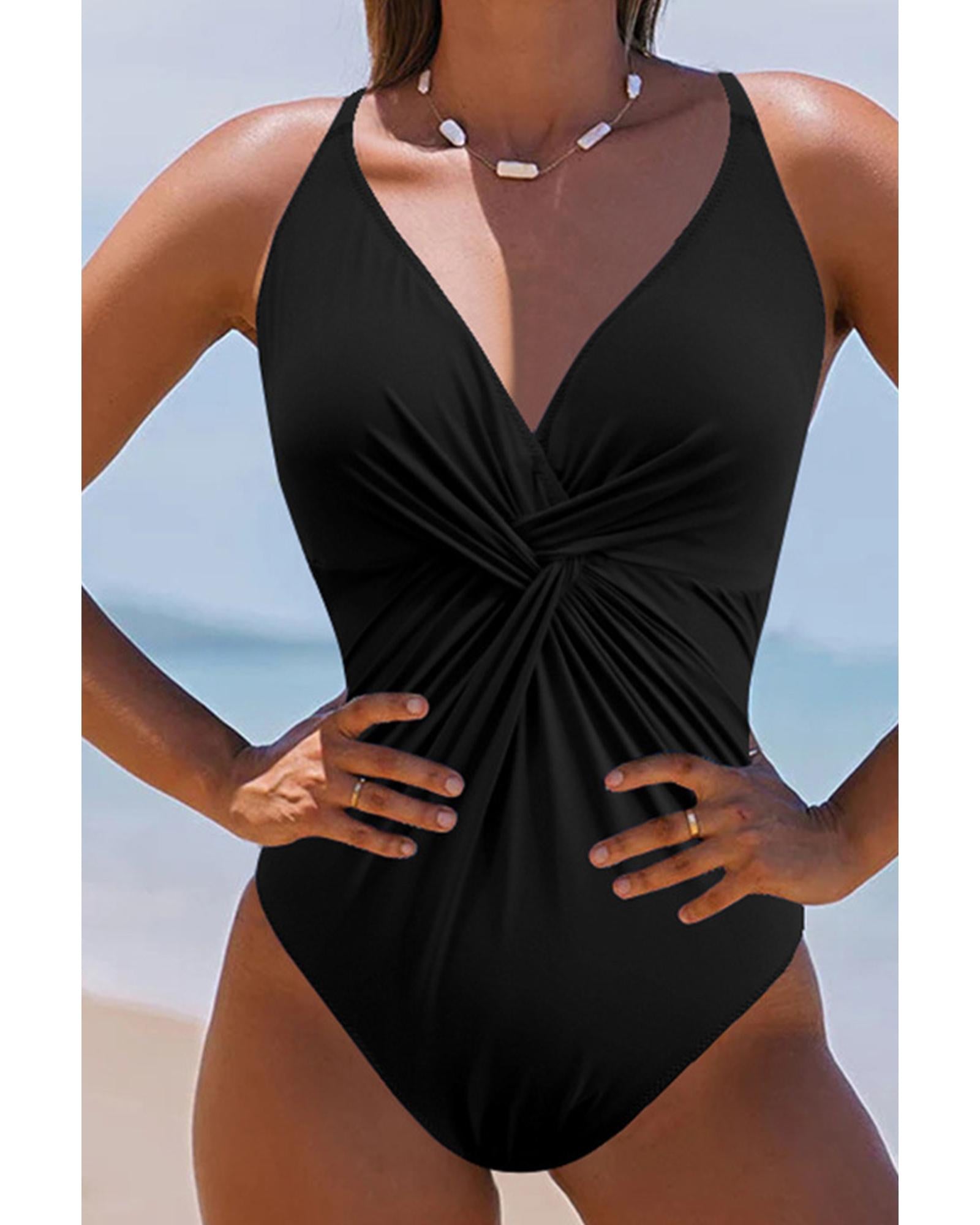 Black V Neck Twist Ruched Crisscross Backless One-Piece Swimsuit - M