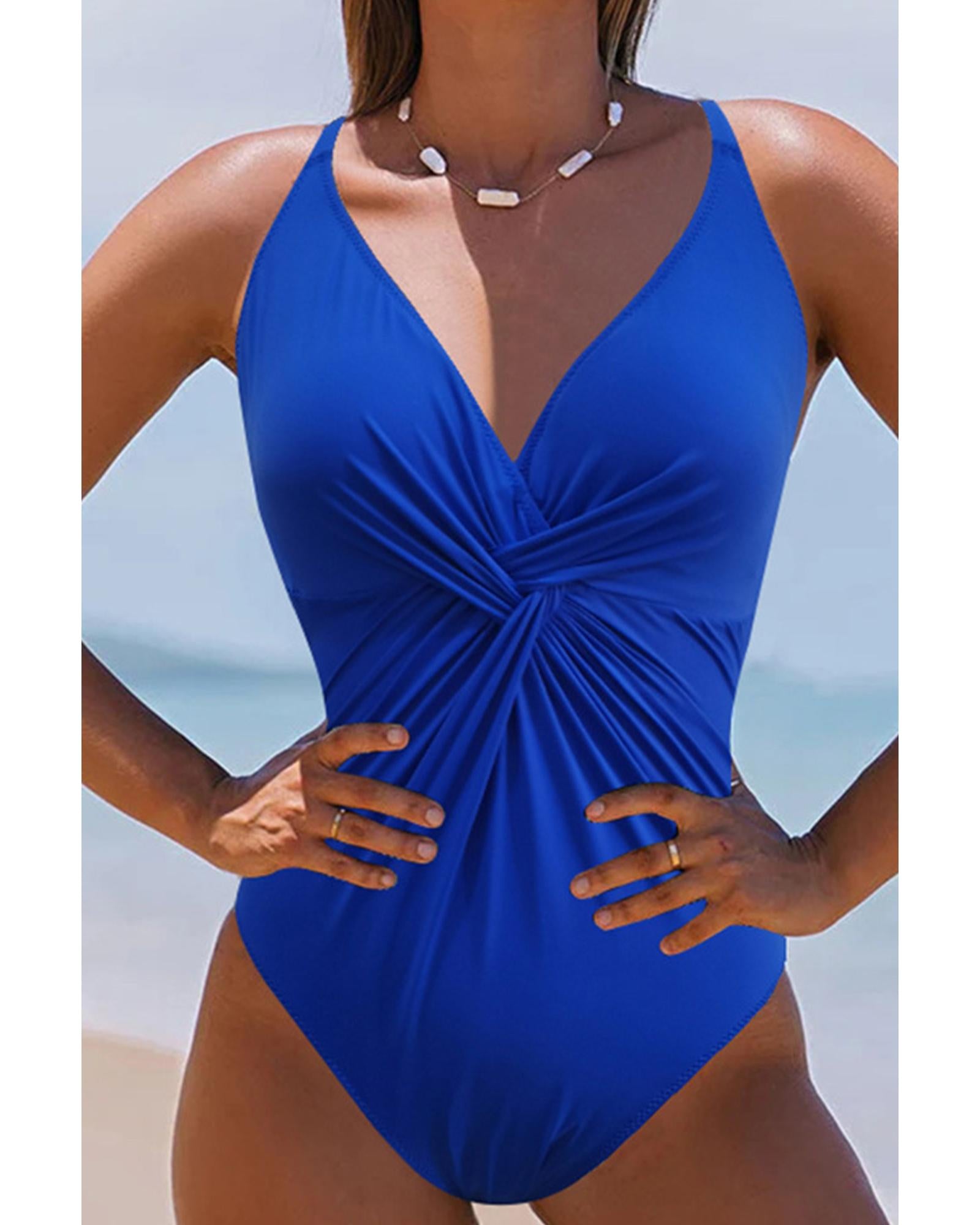 Dark Blue V Neck Twist Ruched Crisscross Backless One-Piece Swimsuit - M
