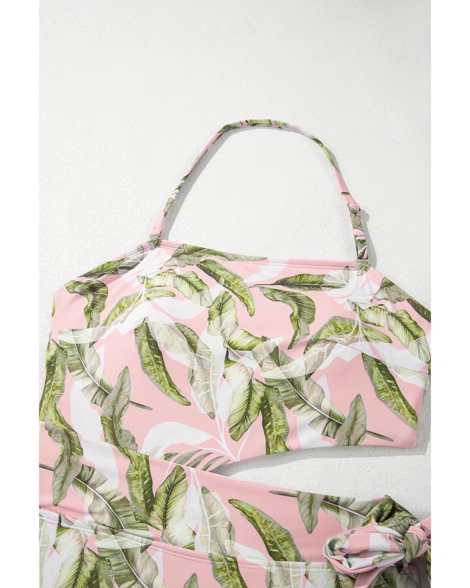 Pink Tropical Asymmetric Cut out Halter Backless One Piece Swimwear - XL