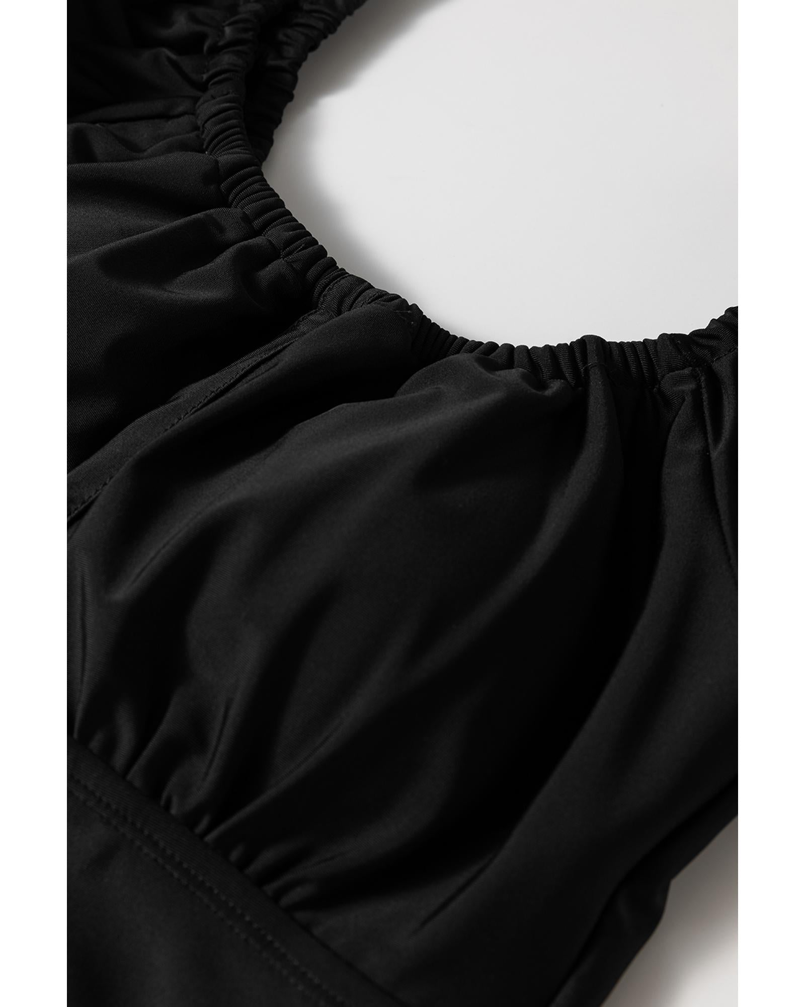 Black Elastic Neckline Short Sleeve One Piece Swimsuit - L