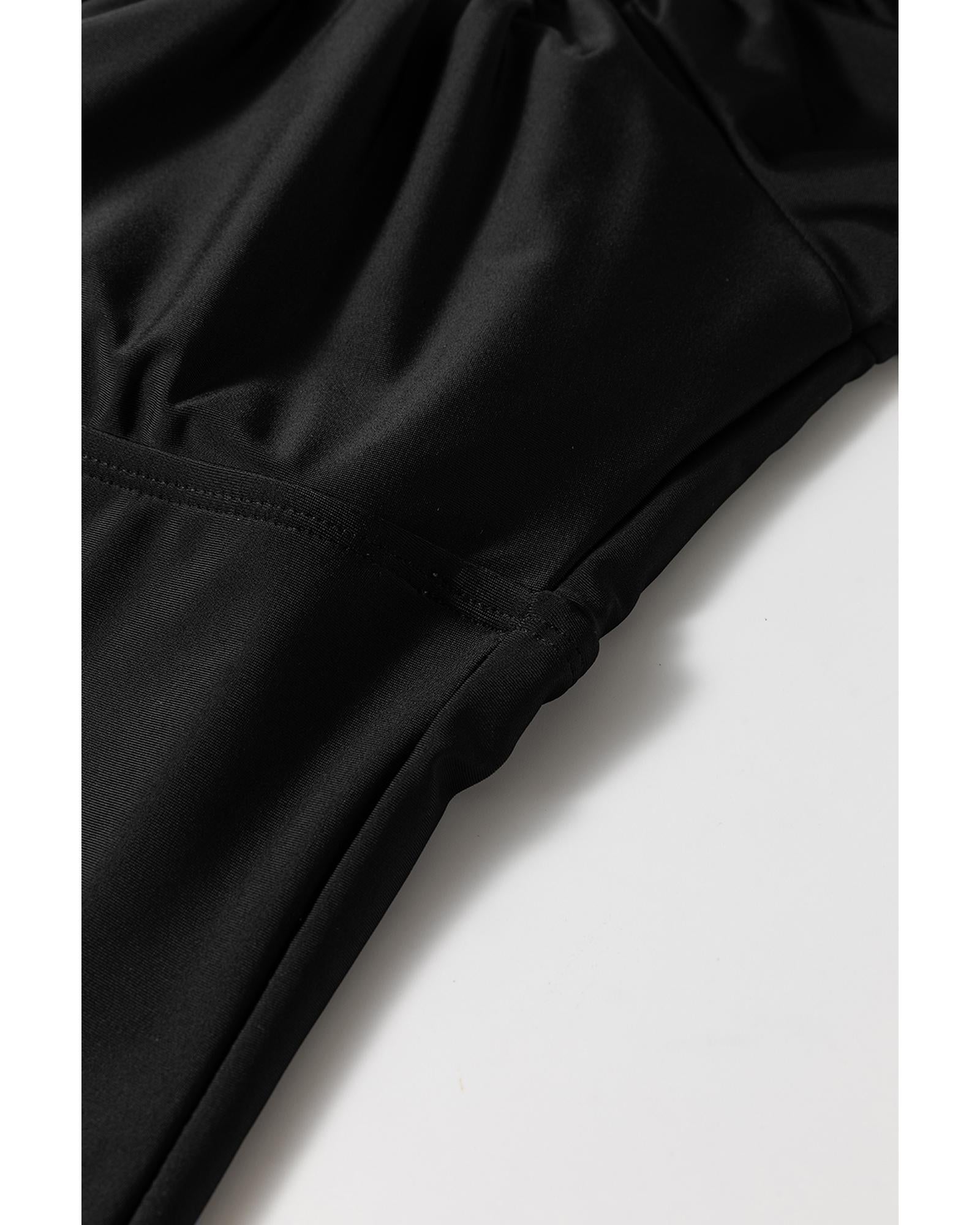 Black Elastic Neckline Short Sleeve One Piece Swimsuit - S